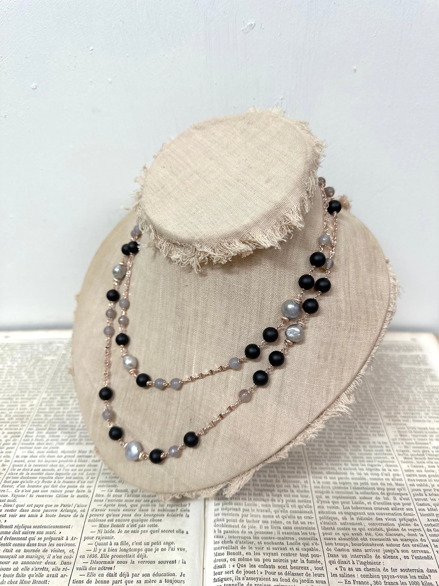 Italian Grey Pearl And Black Agate Long Necklace