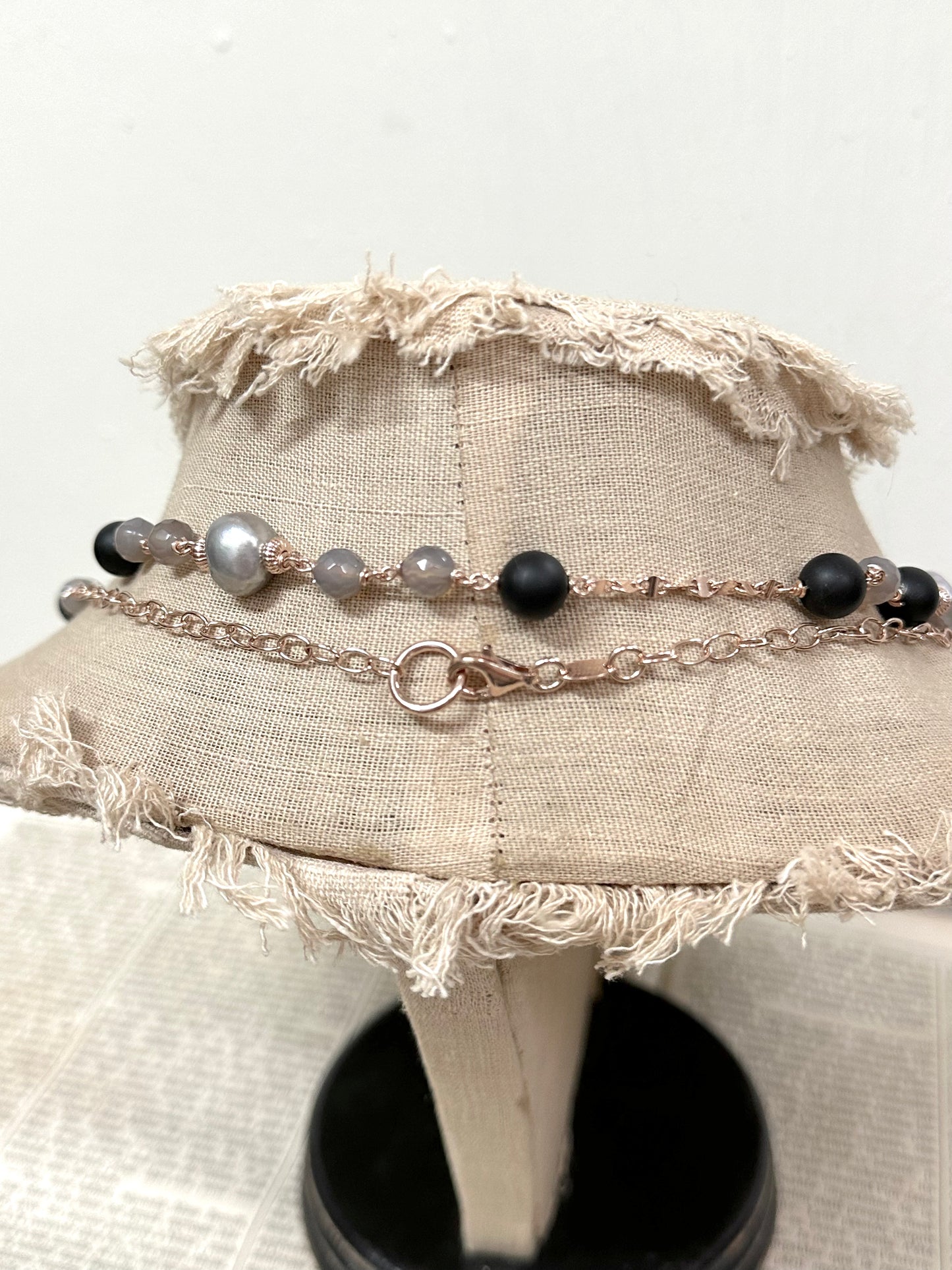 Italian Grey Pearl And Black Agate Long Necklace