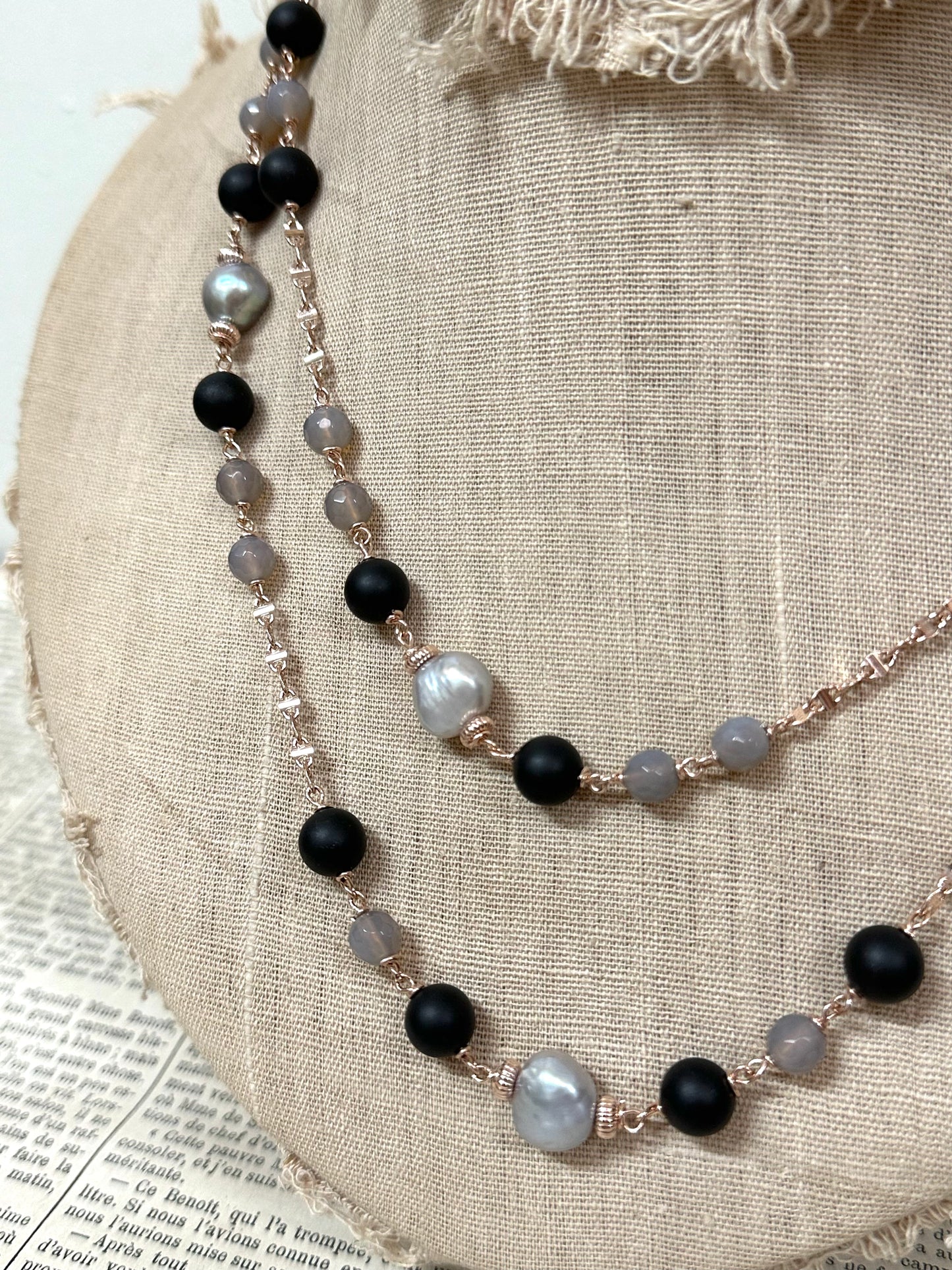 Italian Grey Pearl And Black Agate Long Necklace
