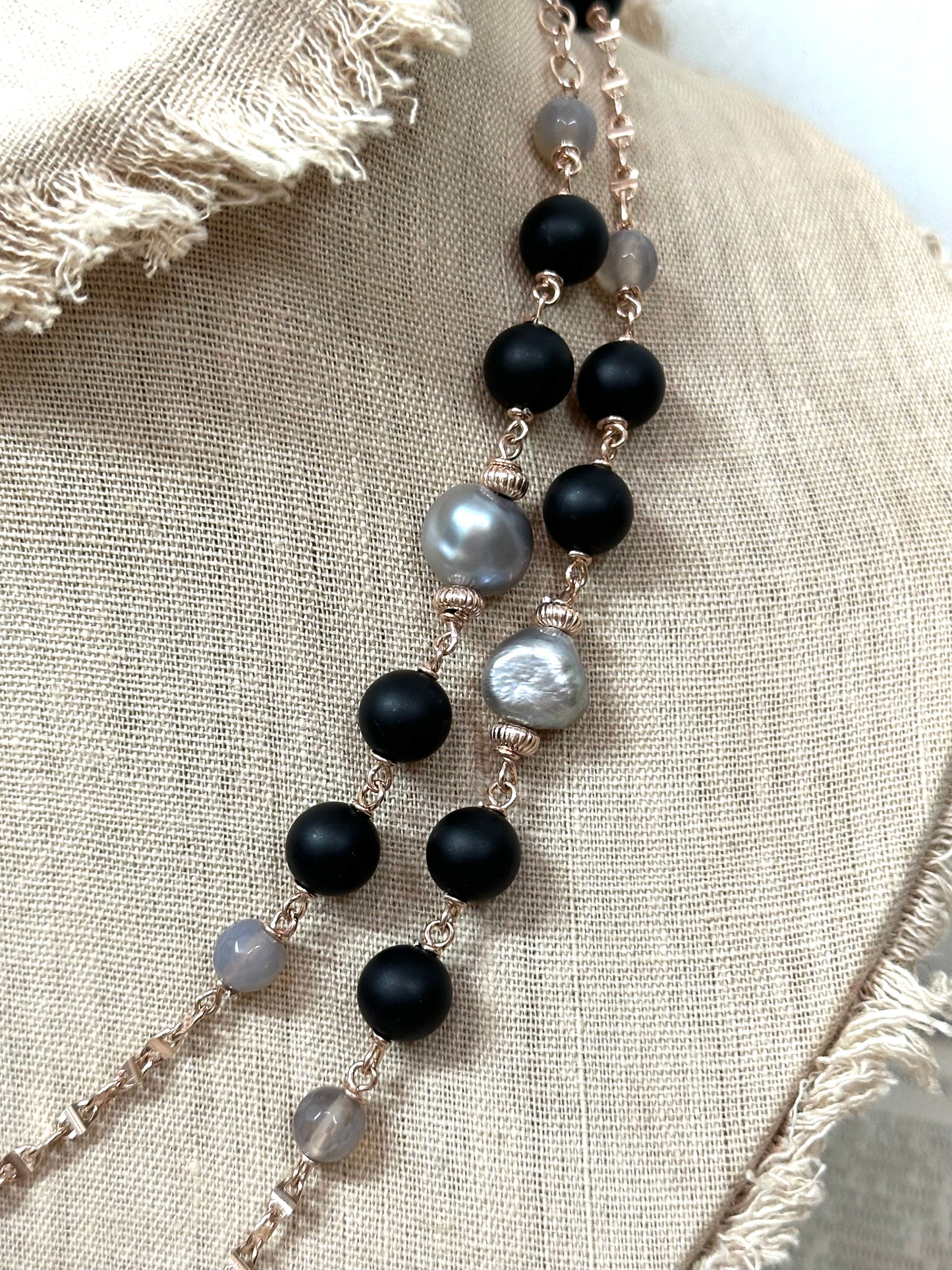 Italian Grey Pearl And Black Agate Long Necklace