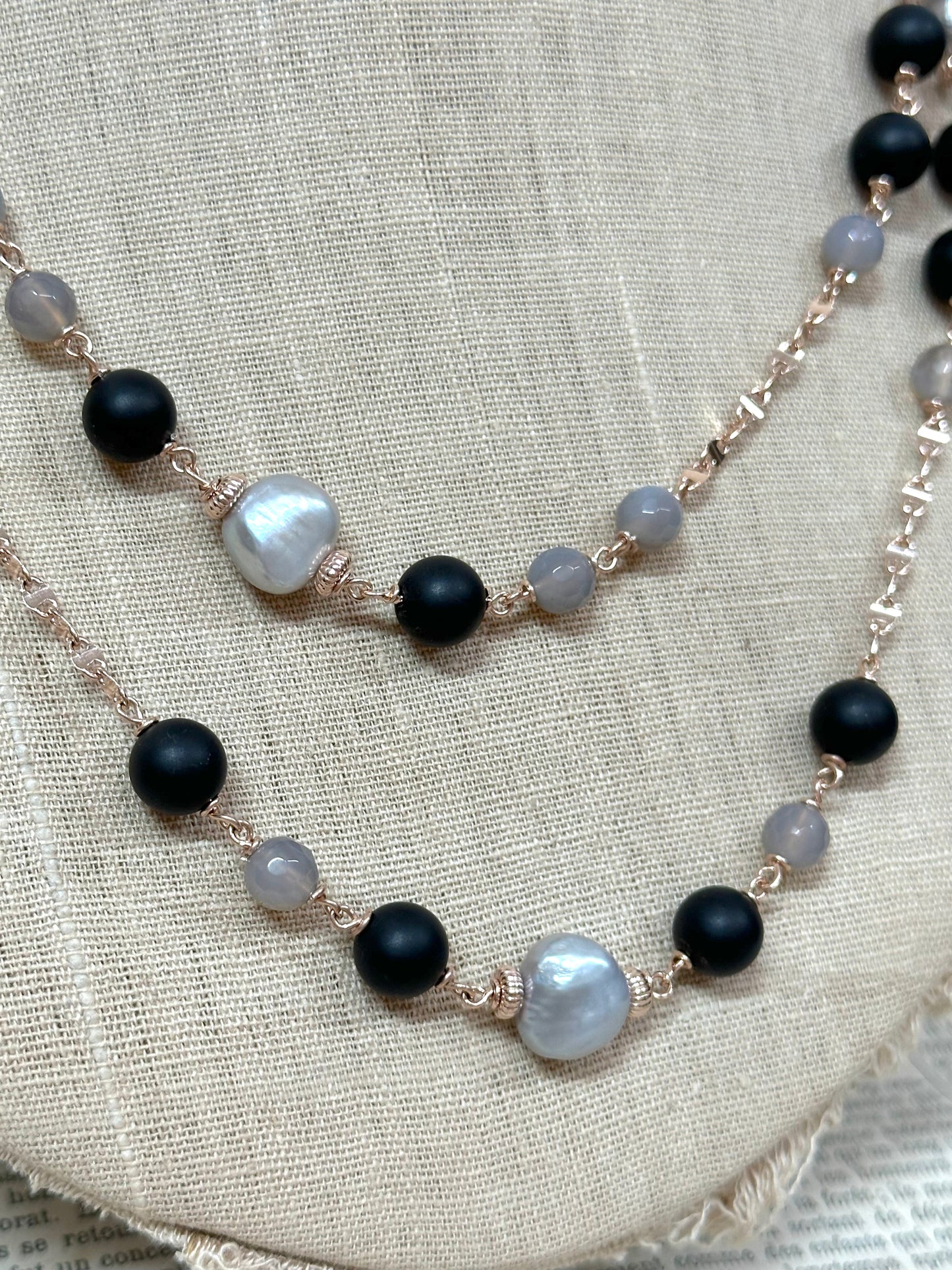 Italian Grey Pearl And Black Agate Long Necklace