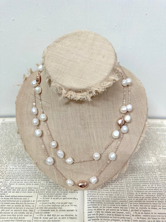Italian Cream Pearl & Rose Gold Long Necklace
