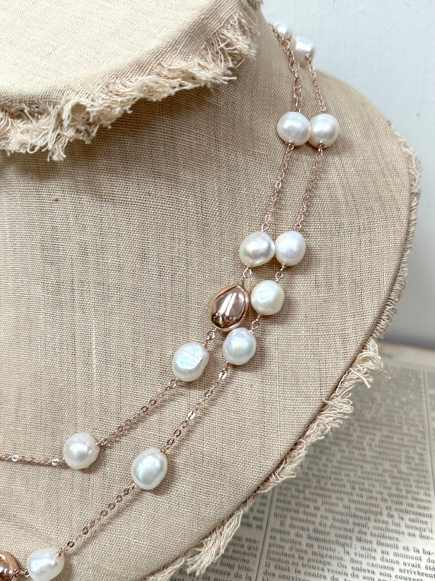 Italian Cream Pearl & Rose Gold Long Necklace