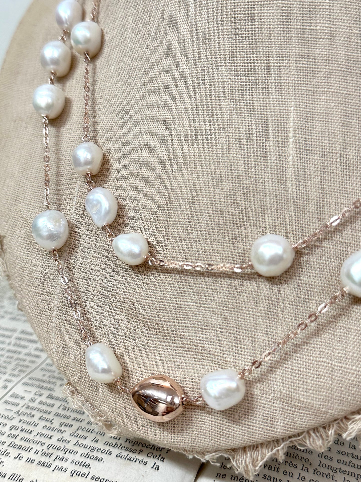 Italian Cream Pearl & Rose Gold Long Necklace