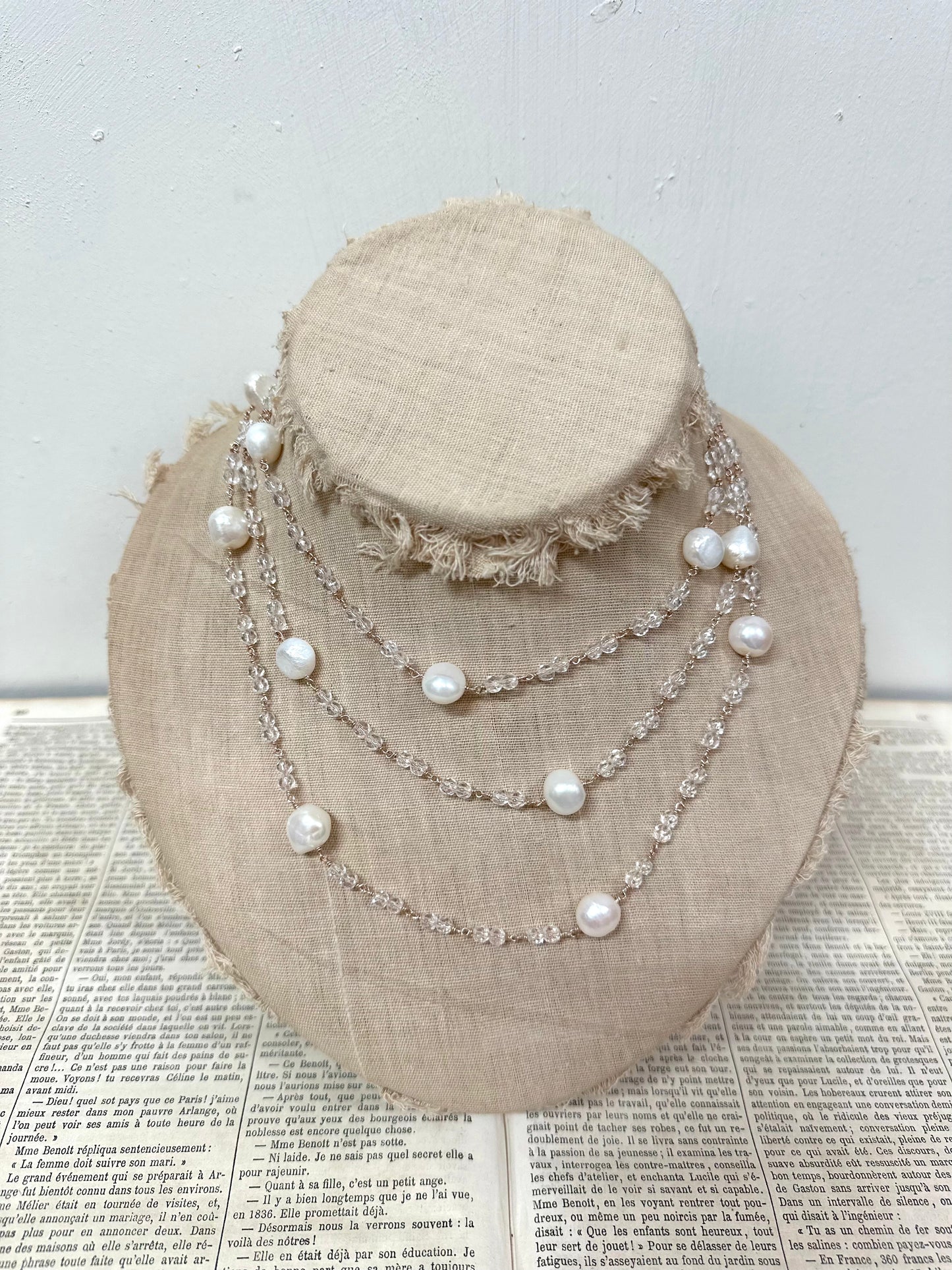 Italian Long Pearl & Crystal Necklace