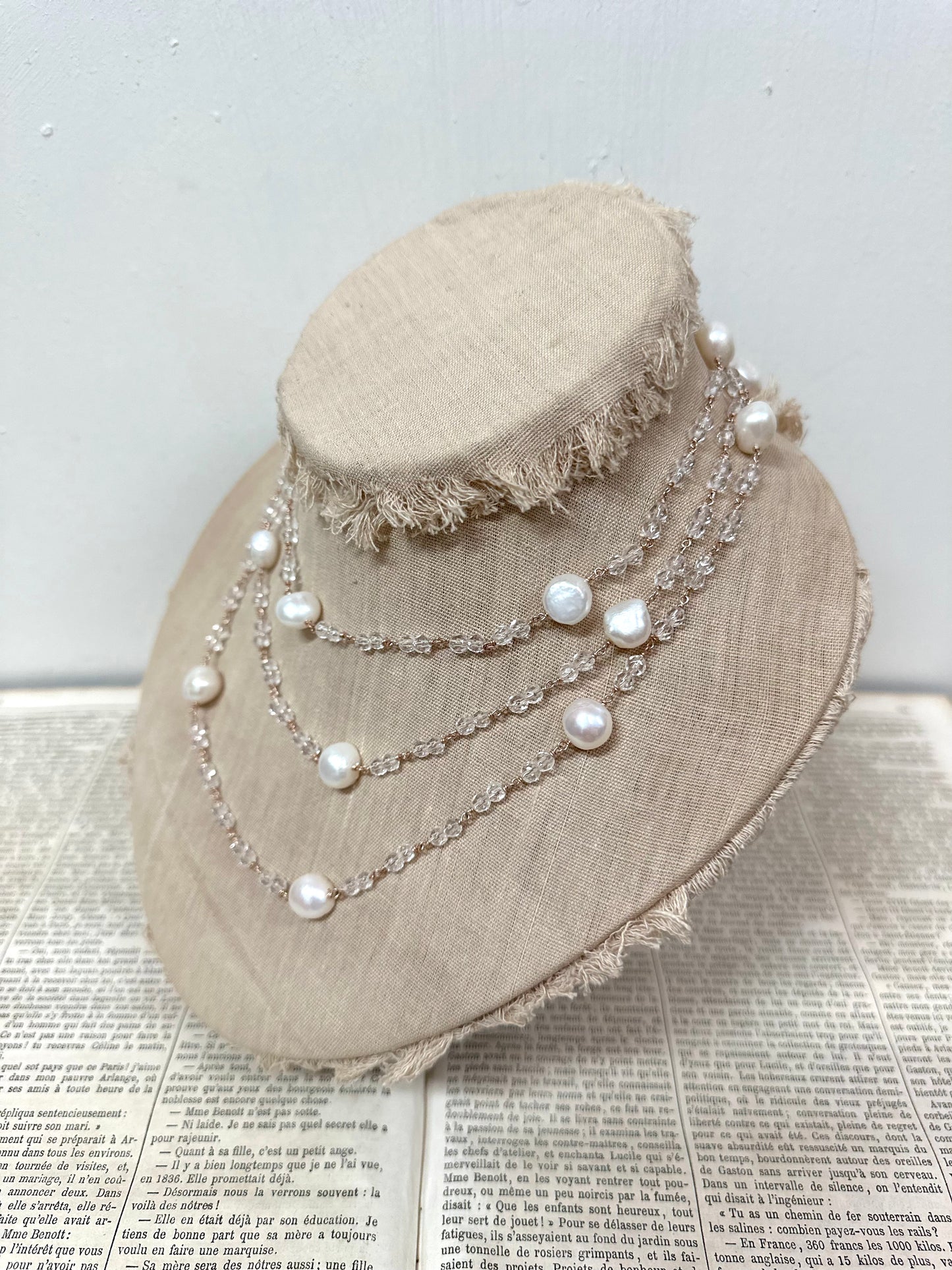 Italian Long Pearl & Crystal Necklace