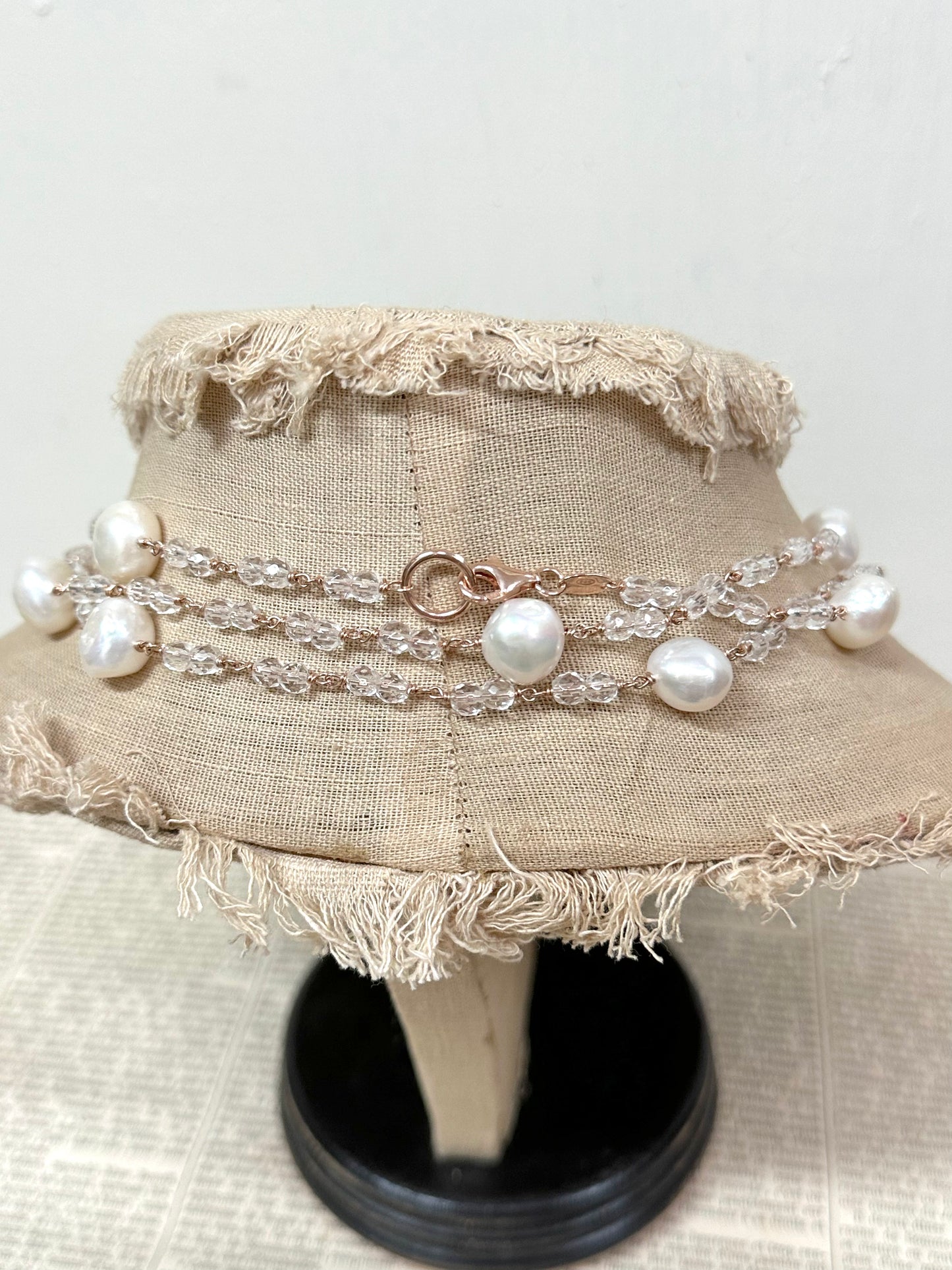 Italian Long Pearl & Crystal Necklace