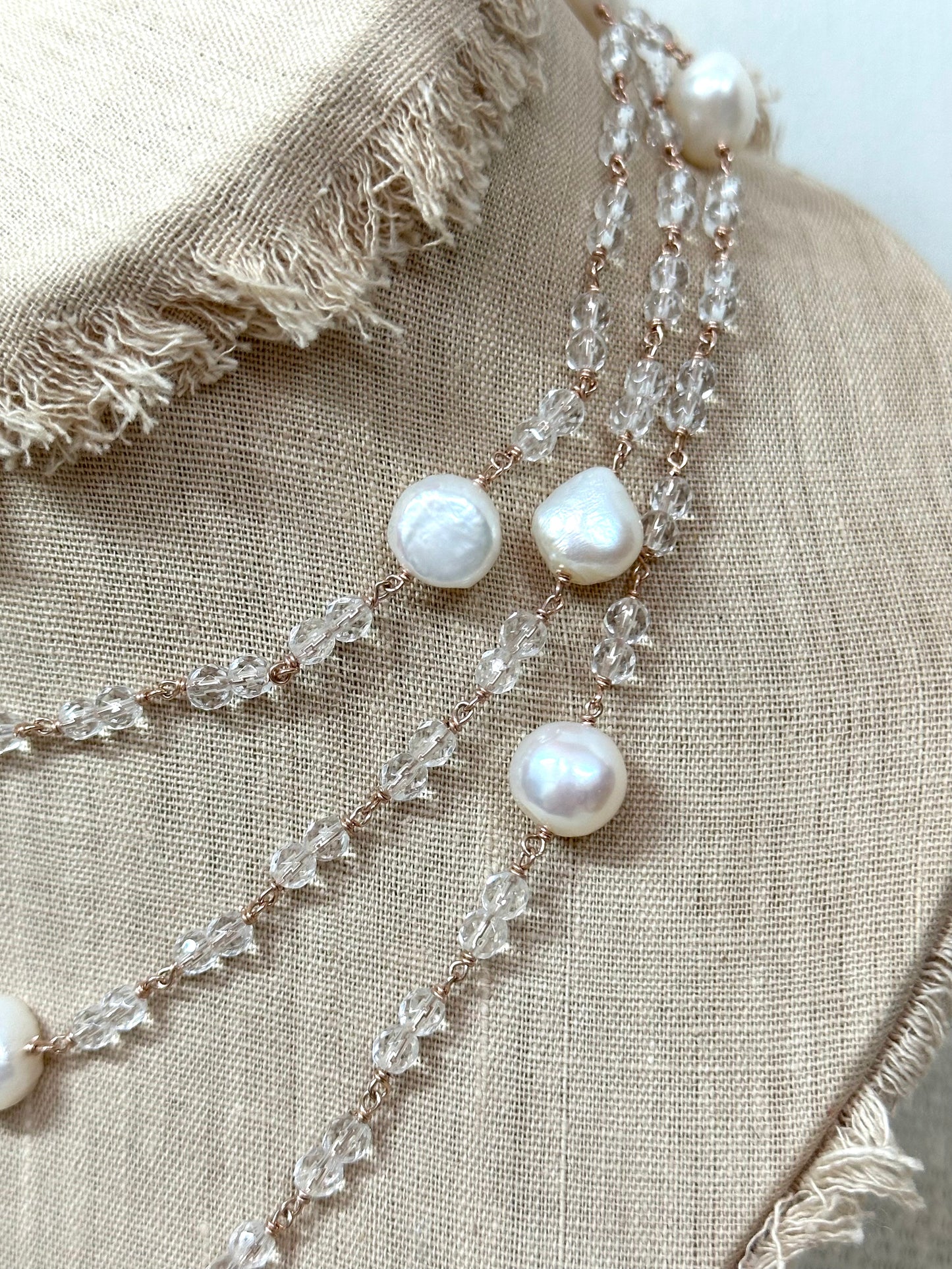 Italian Long Pearl & Crystal Necklace