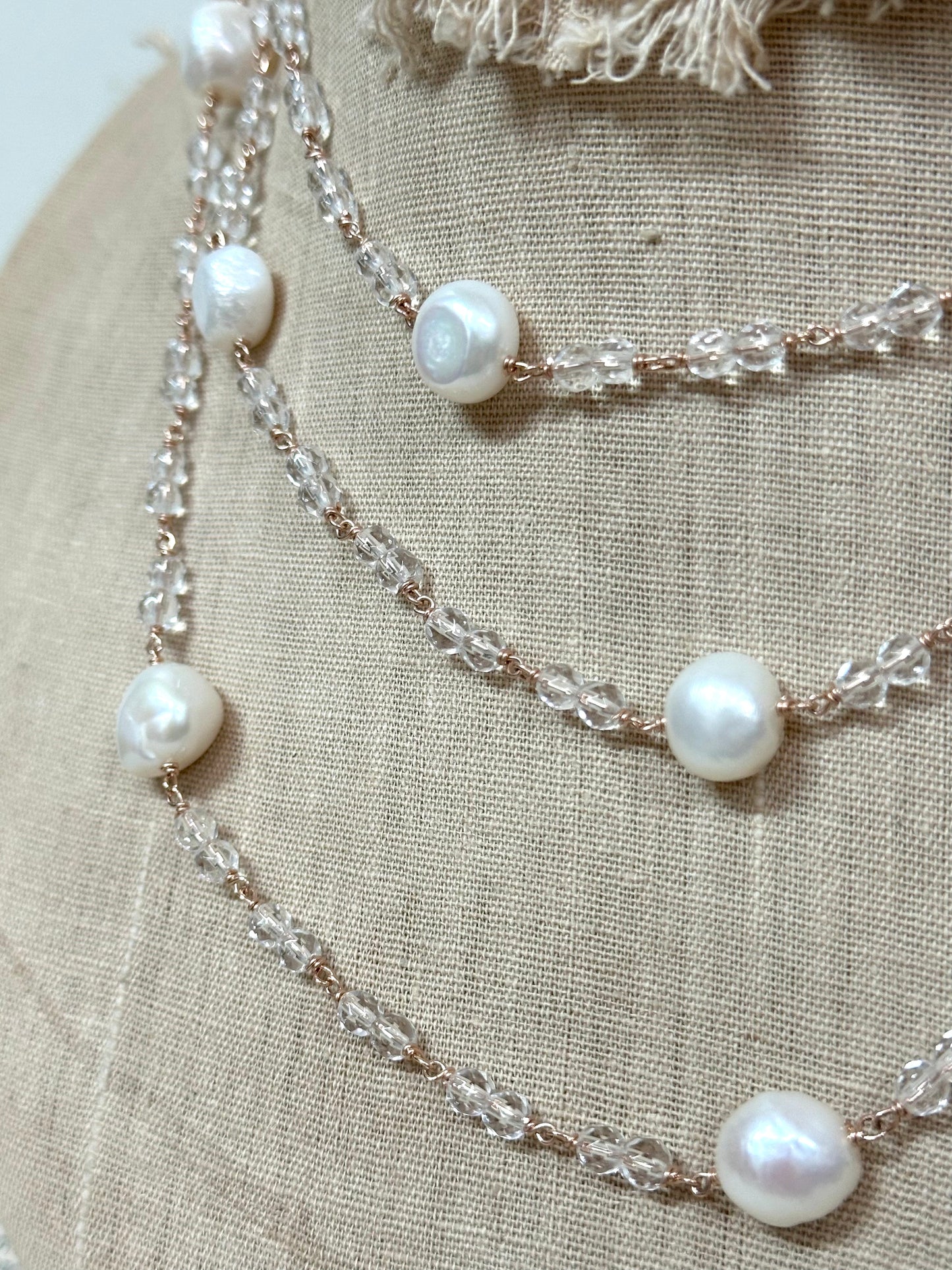 Italian Long Pearl & Crystal Necklace