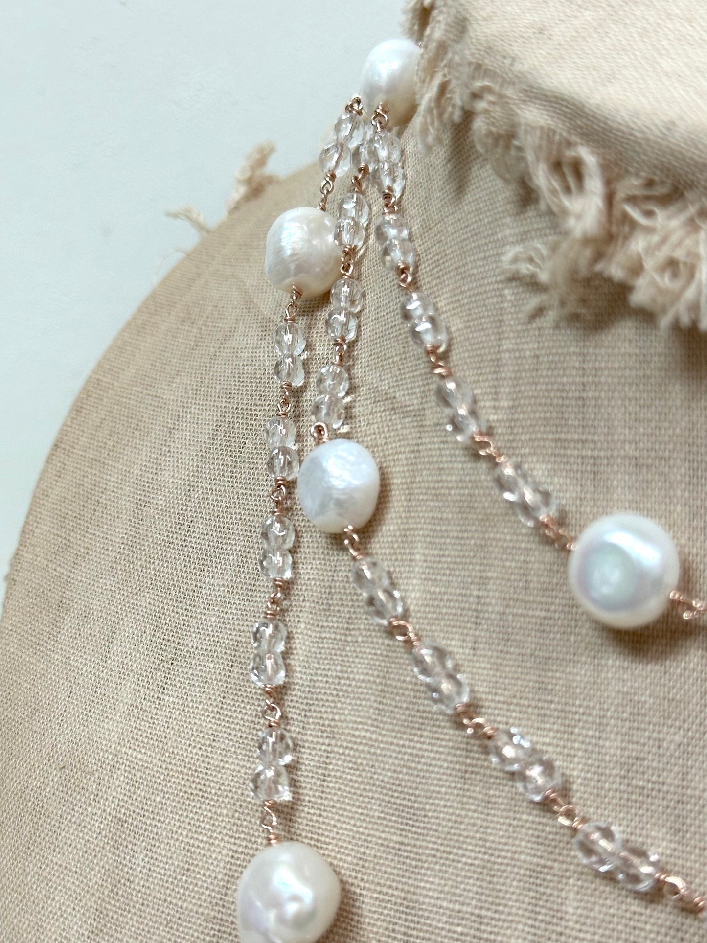 Italian Long Pearl & Crystal Necklace