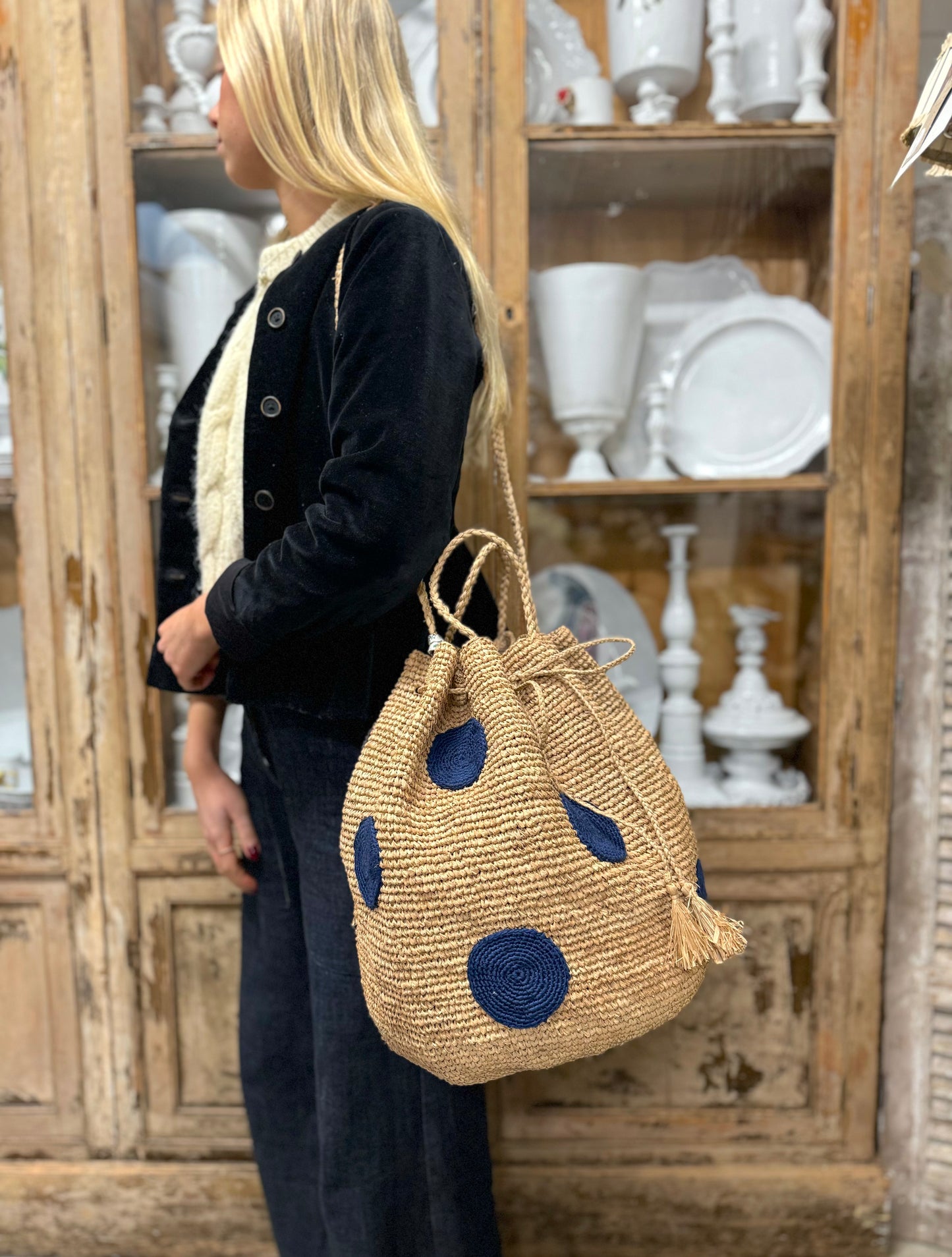 Large Raffia Bag With Large Navy Spots And Shoulder Strap