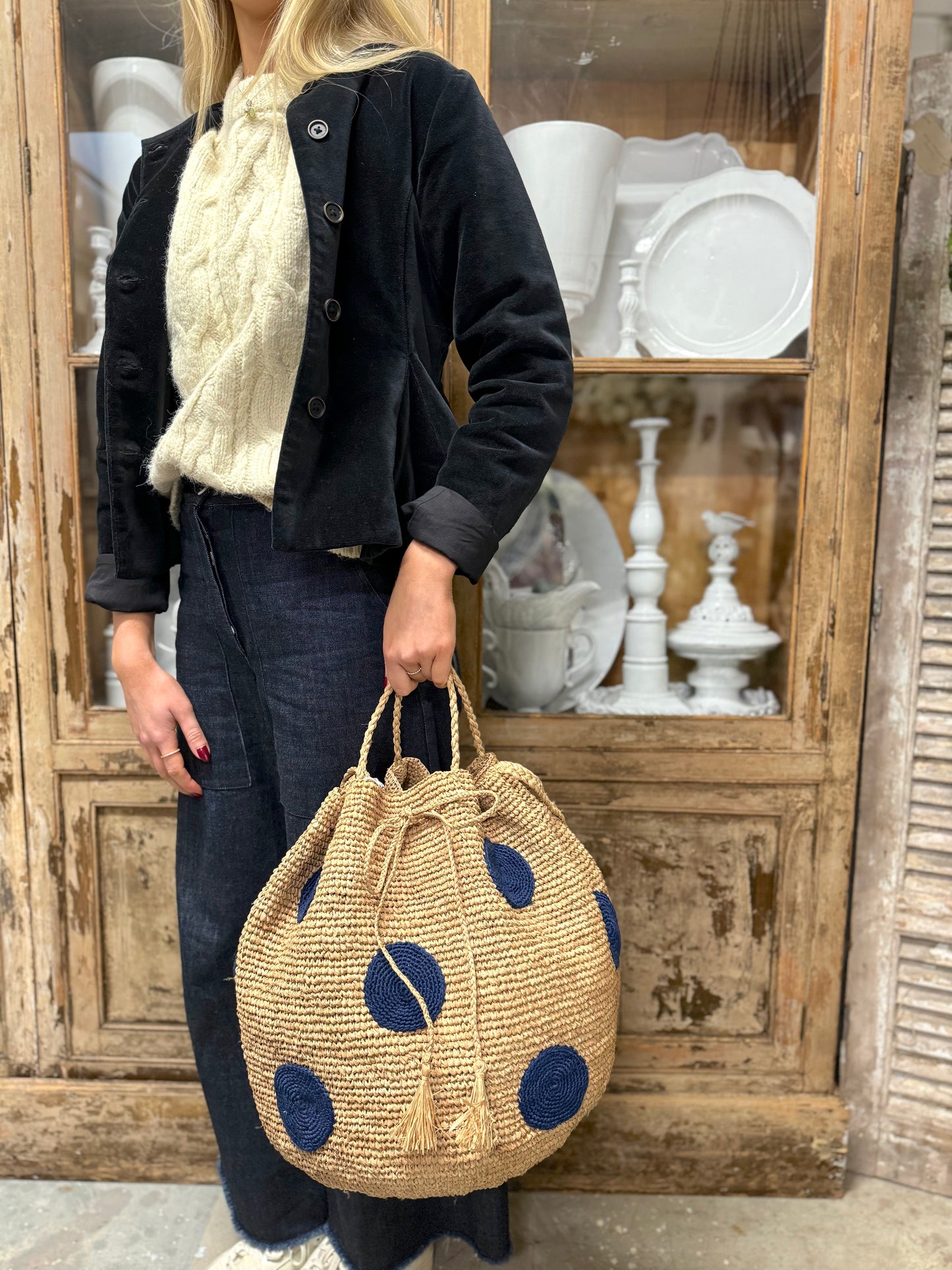 Large Raffia Bag With Large Navy Spots And Shoulder Strap