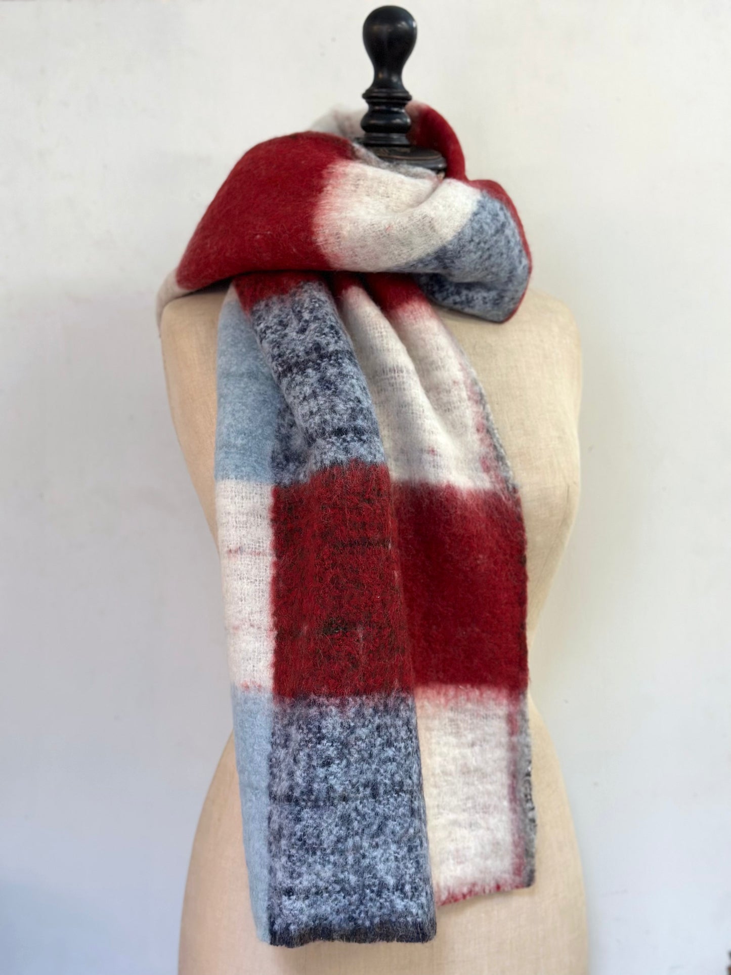Runaway Bicycle Merino Wool Scarf - Red/Blue Check