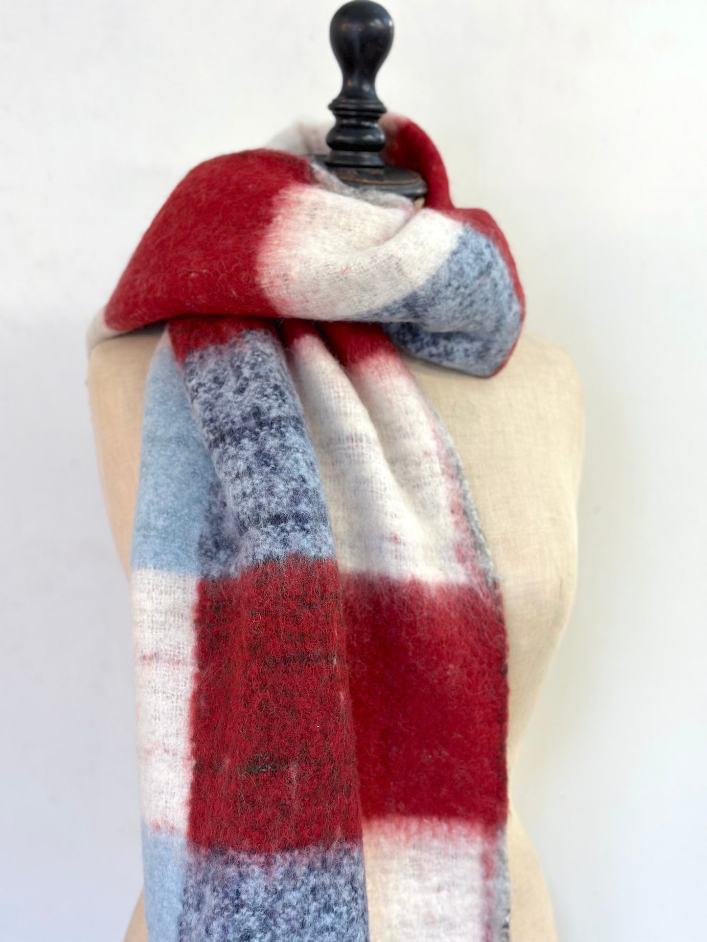 Runaway Bicycle Merino Wool Scarf - Red/Blue Check