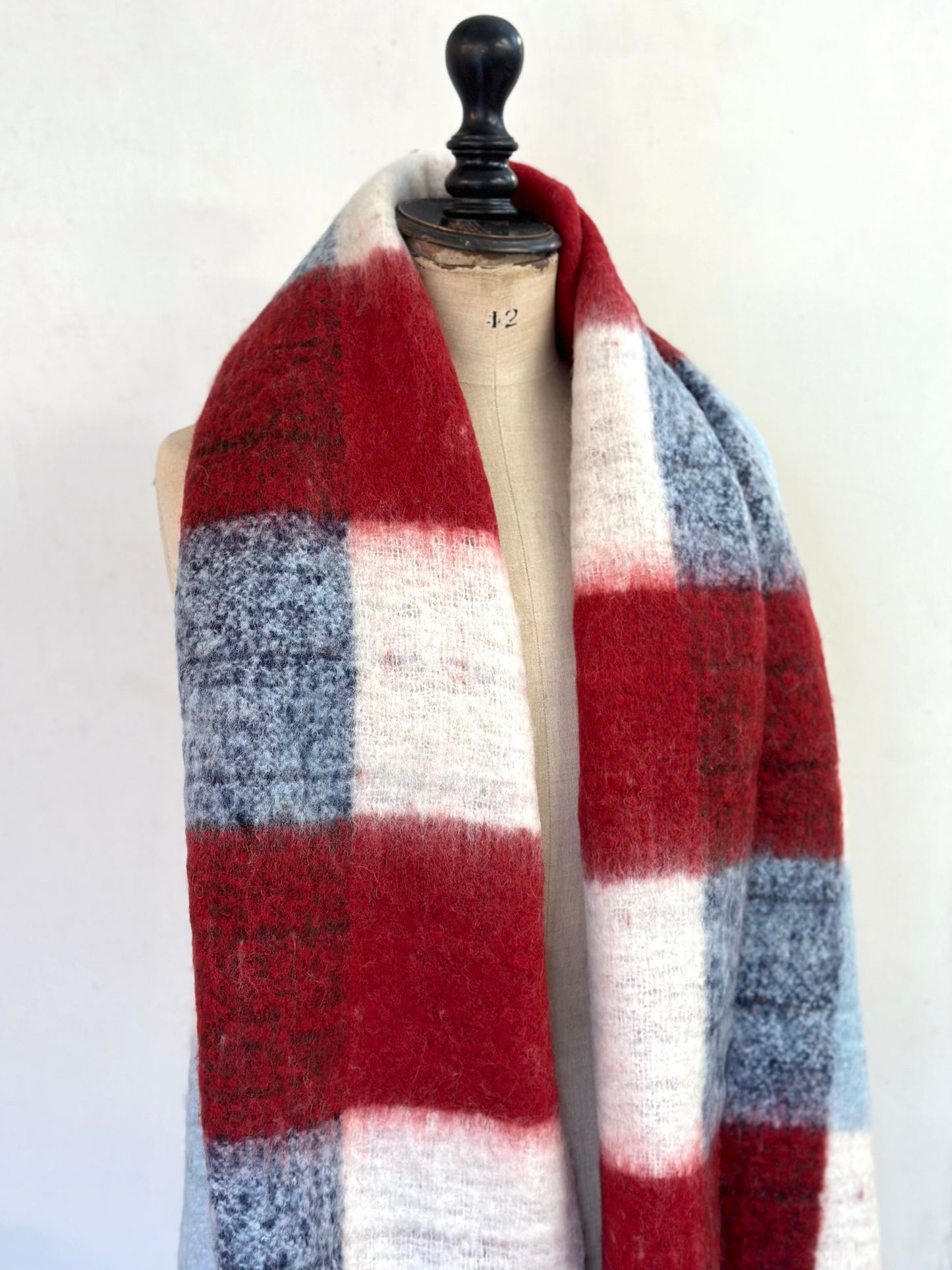 Runaway Bicycle Merino Wool Scarf - Red/Blue Check