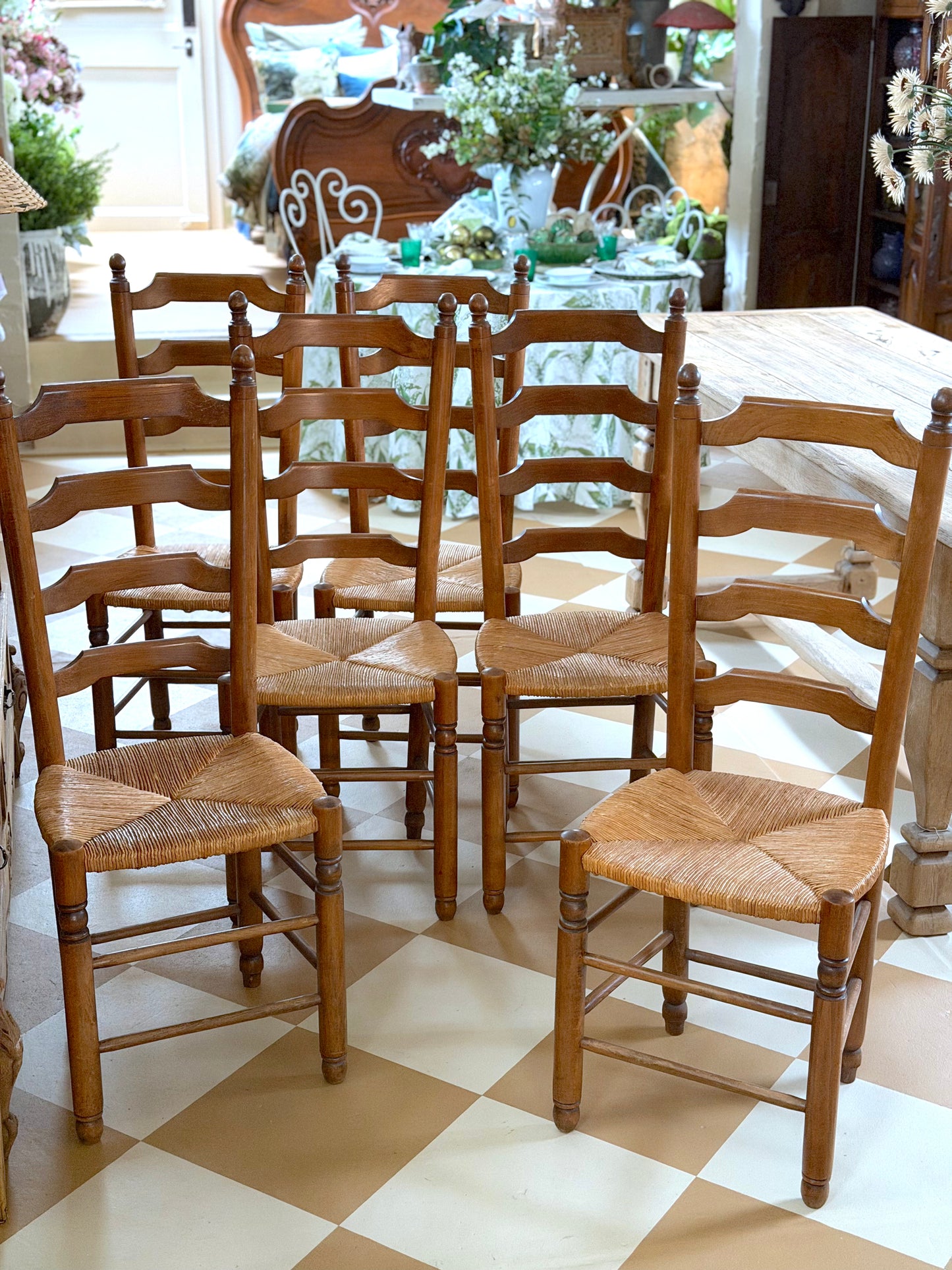 Vintage French Oak Ladderback Dining Chairs - Set of 6