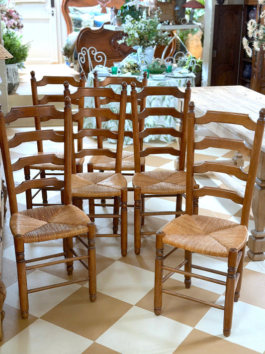 Vintage French Oak Ladderback Dining Chairs - Set of 6