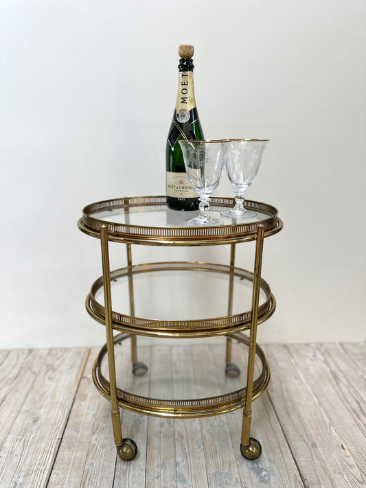Antique French Petite Oval 3 Tier Brass Bar Cart