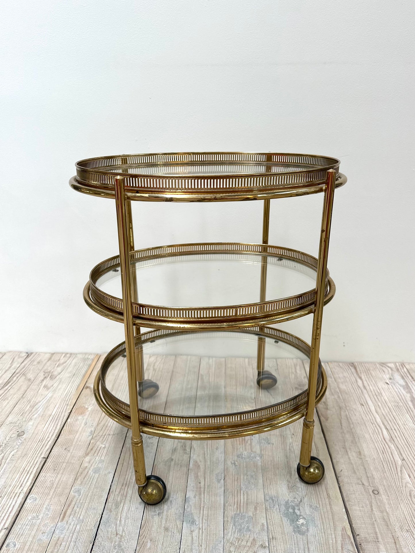 Antique French Petite Oval 3 Tier Brass Bar Cart