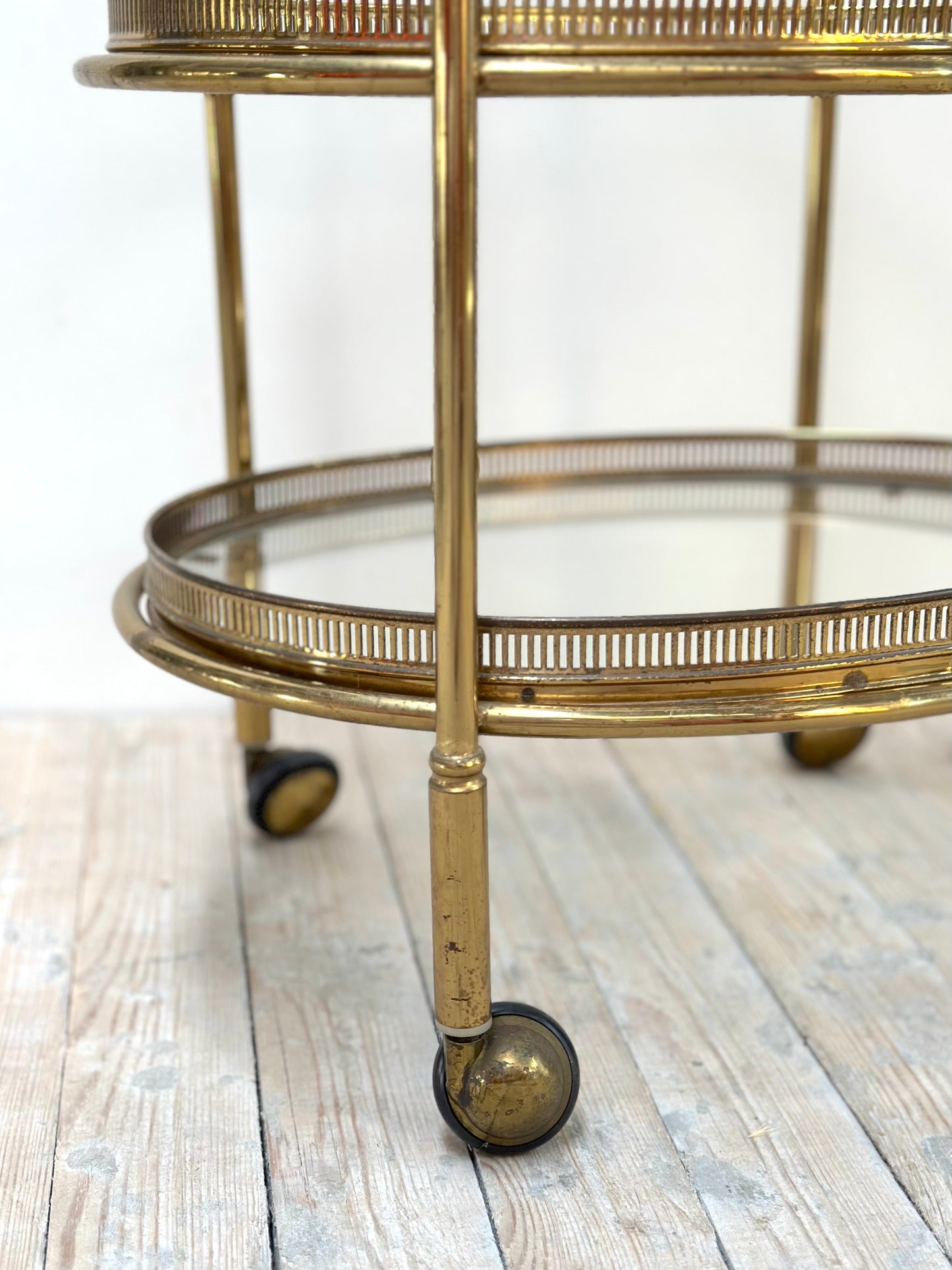Antique French Petite Oval 3 Tier Brass Bar Cart