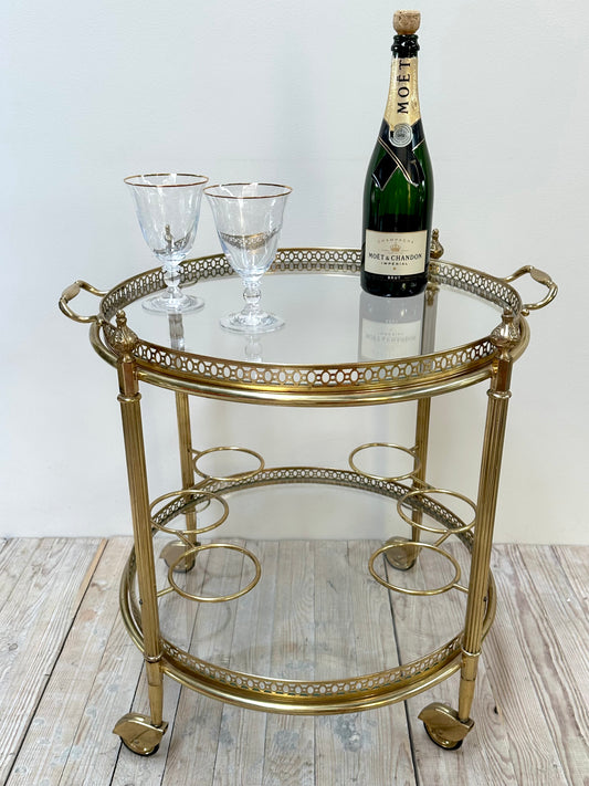 Antique French Round 2 Tier Brass Bar Cart