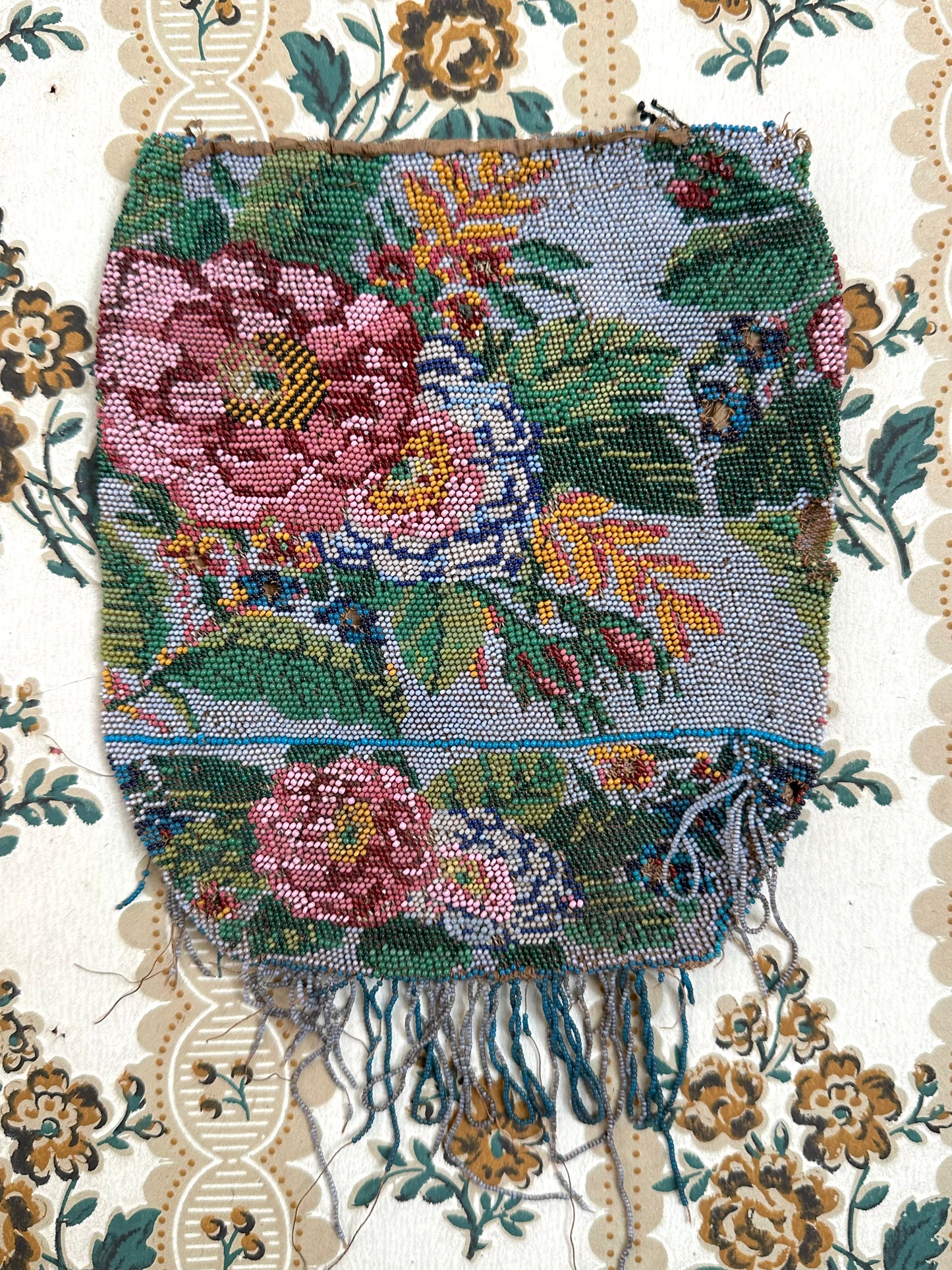 Antique French Hand Beaded Drawstring Pouch