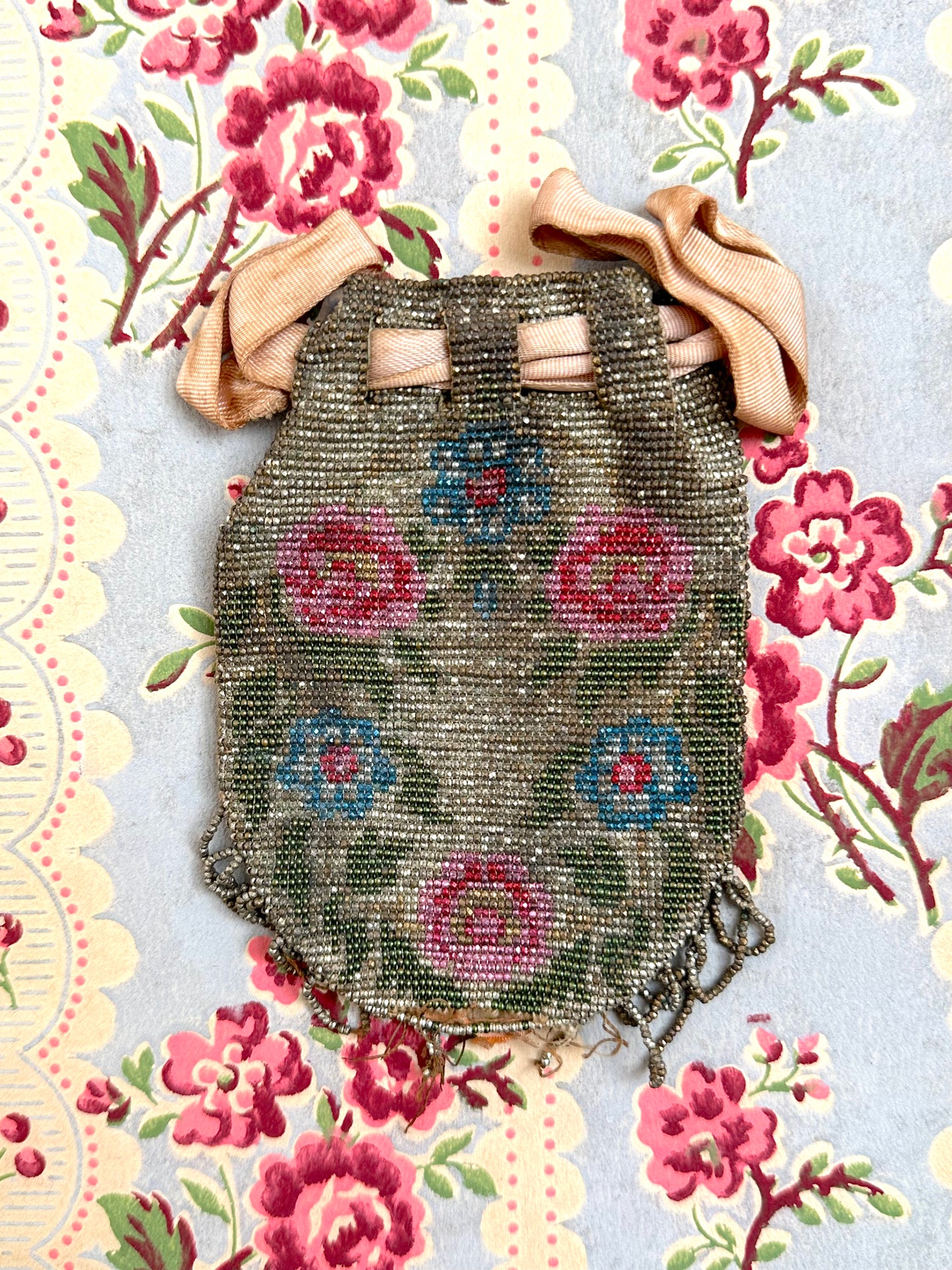 Antique French Small Beaded Drawstring Pouch