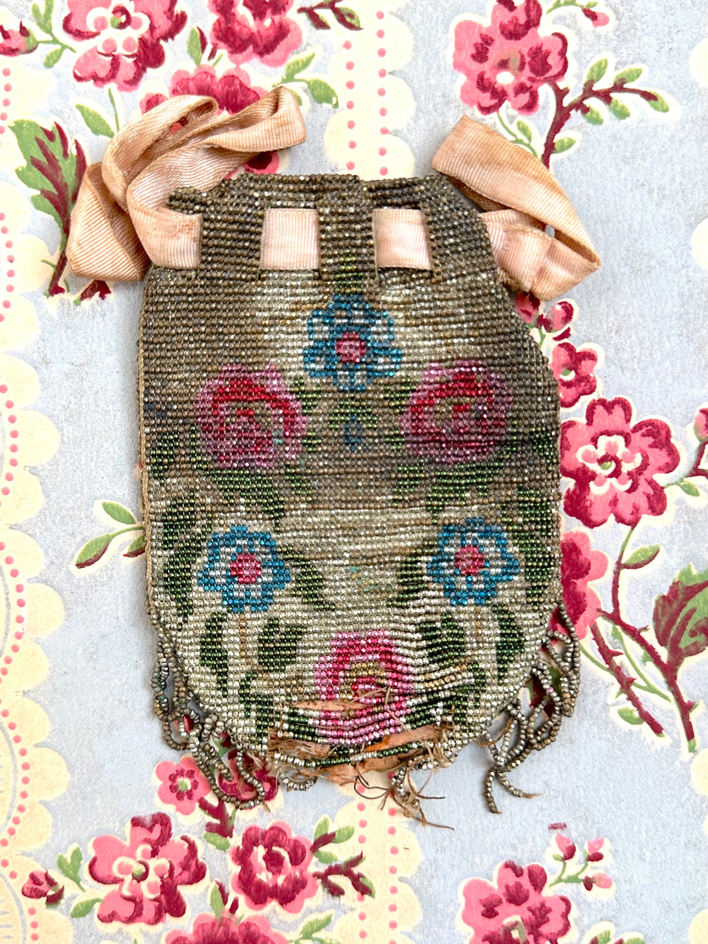 Antique French Small Beaded Drawstring Pouch