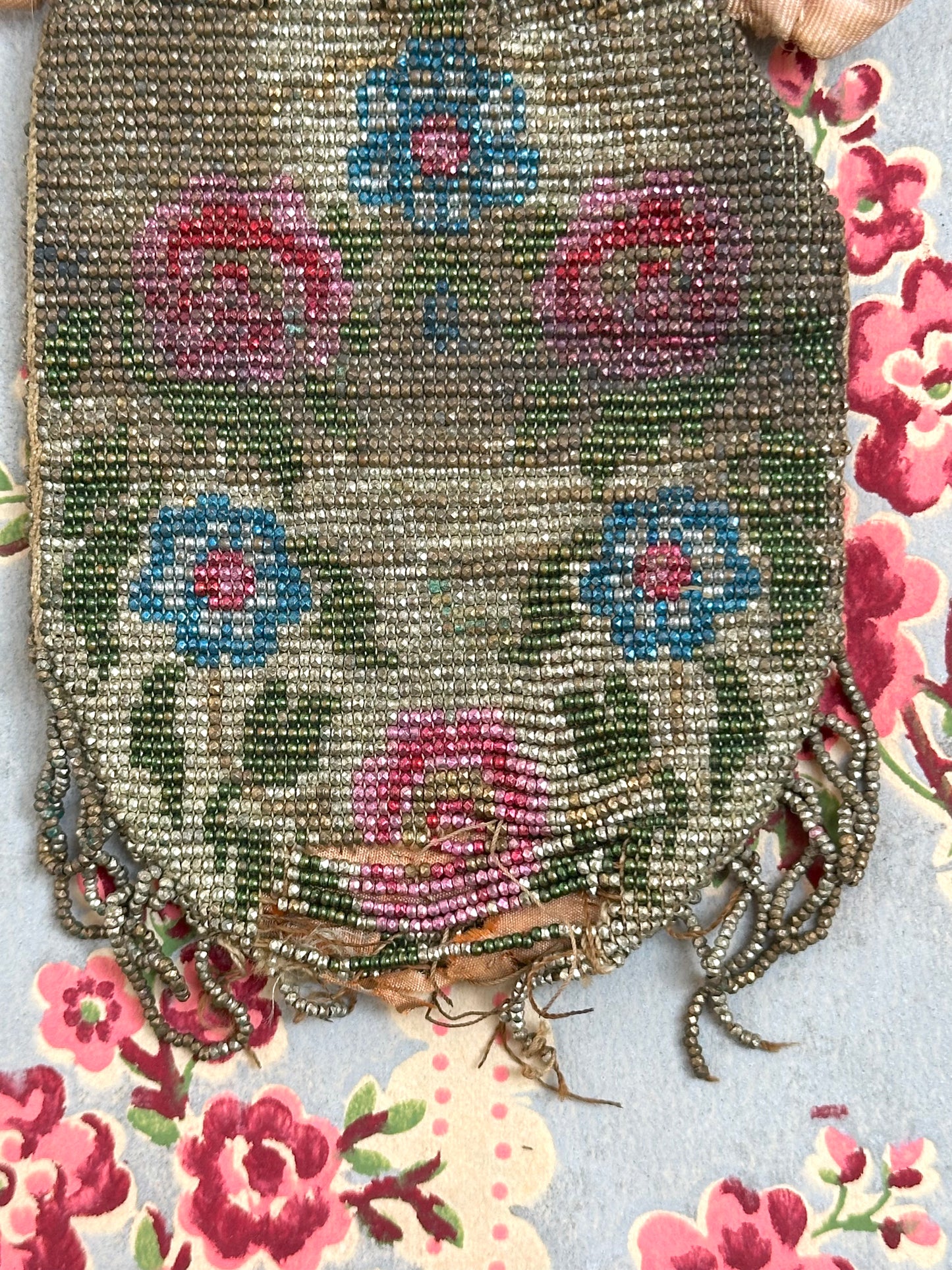 Antique French Small Beaded Drawstring Pouch