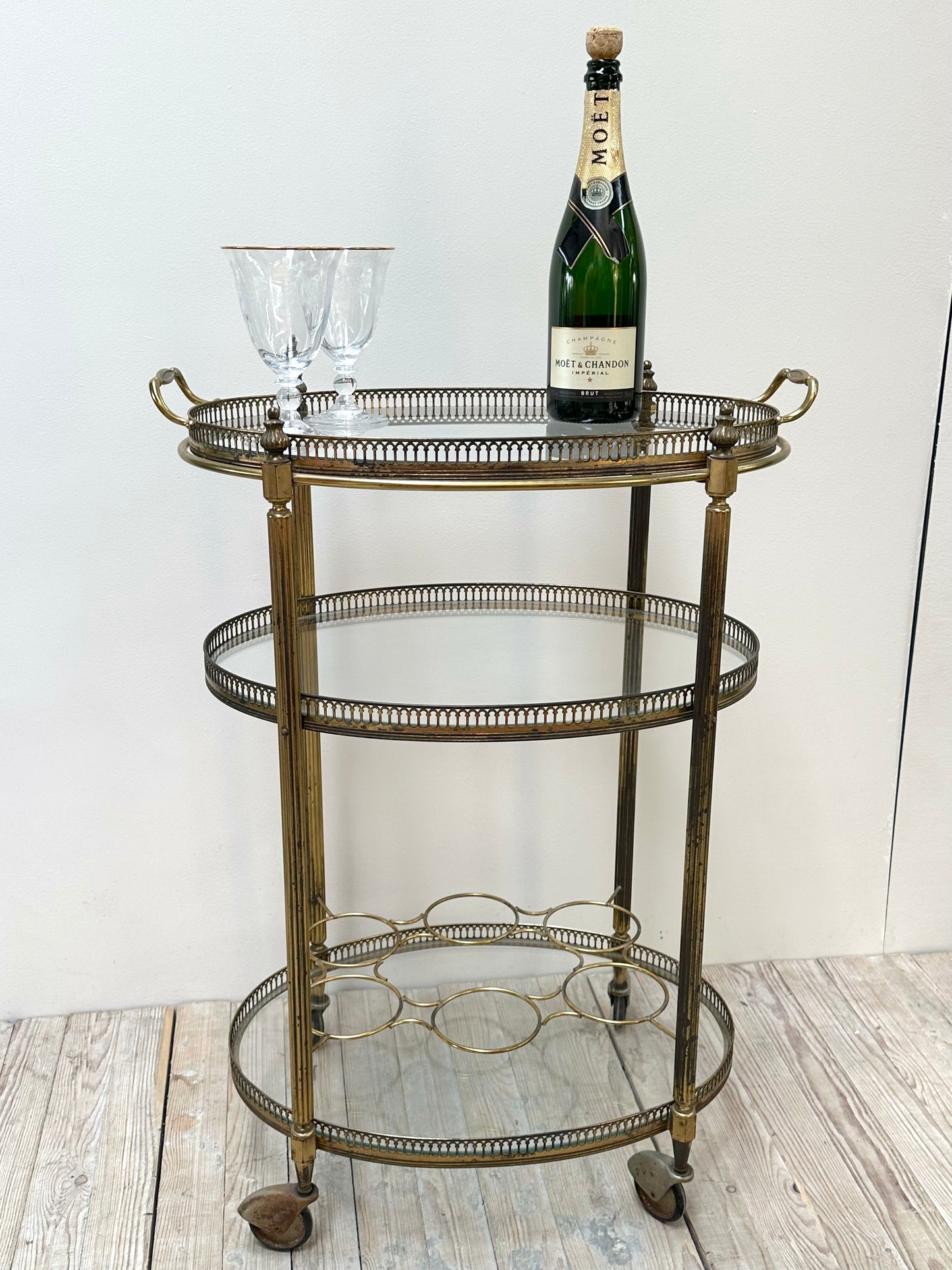 Antique French Oval 3 Tier Brass Bar Cart
