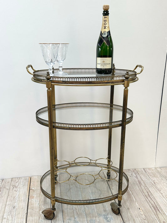 Antique French Oval 3 Tier Brass Bar Cart