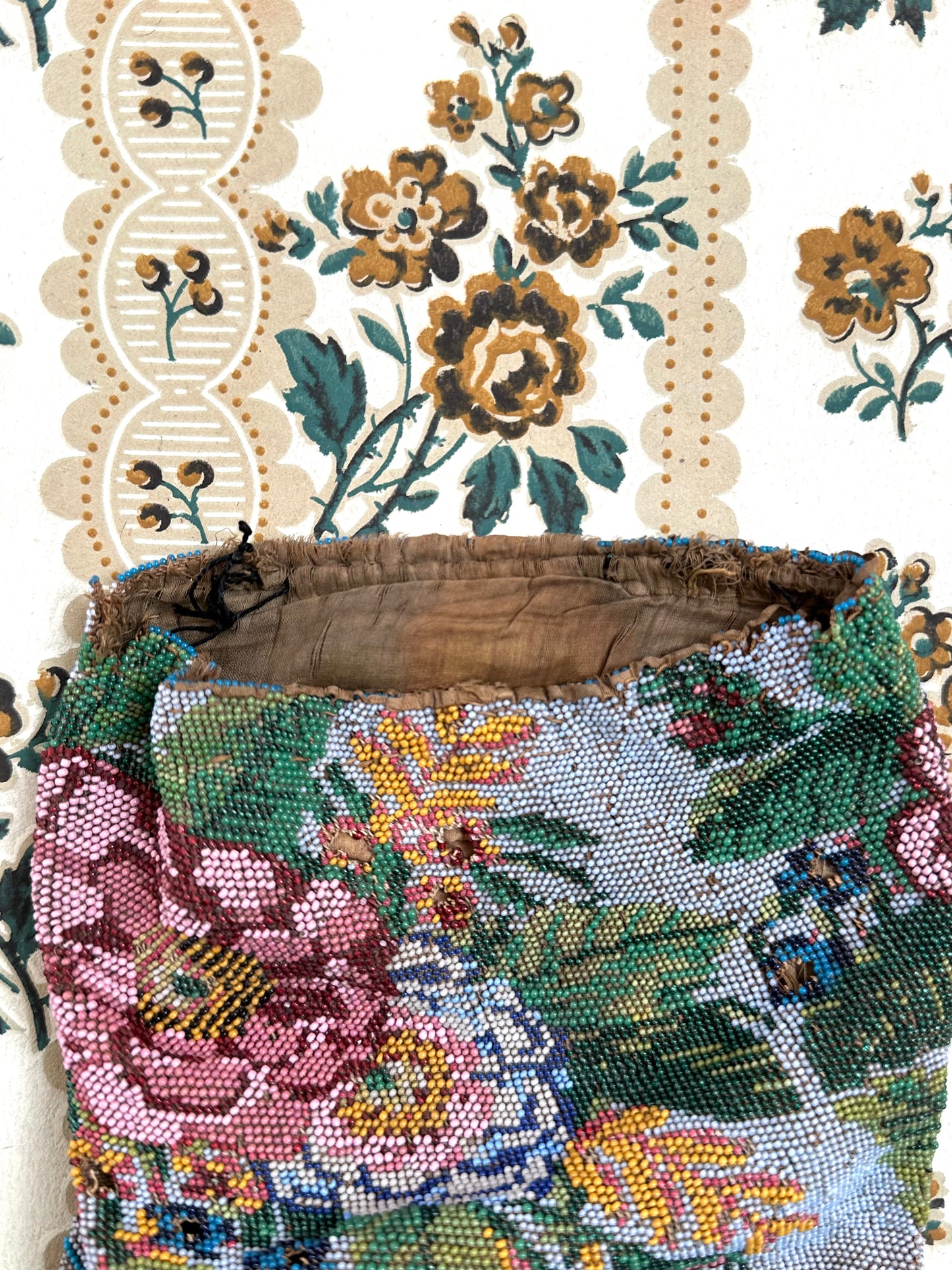 Antique French Hand Beaded Drawstring Pouch