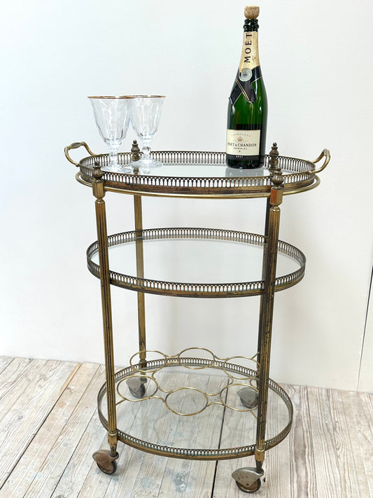 Antique French Oval 3 Tier Brass Bar Cart
