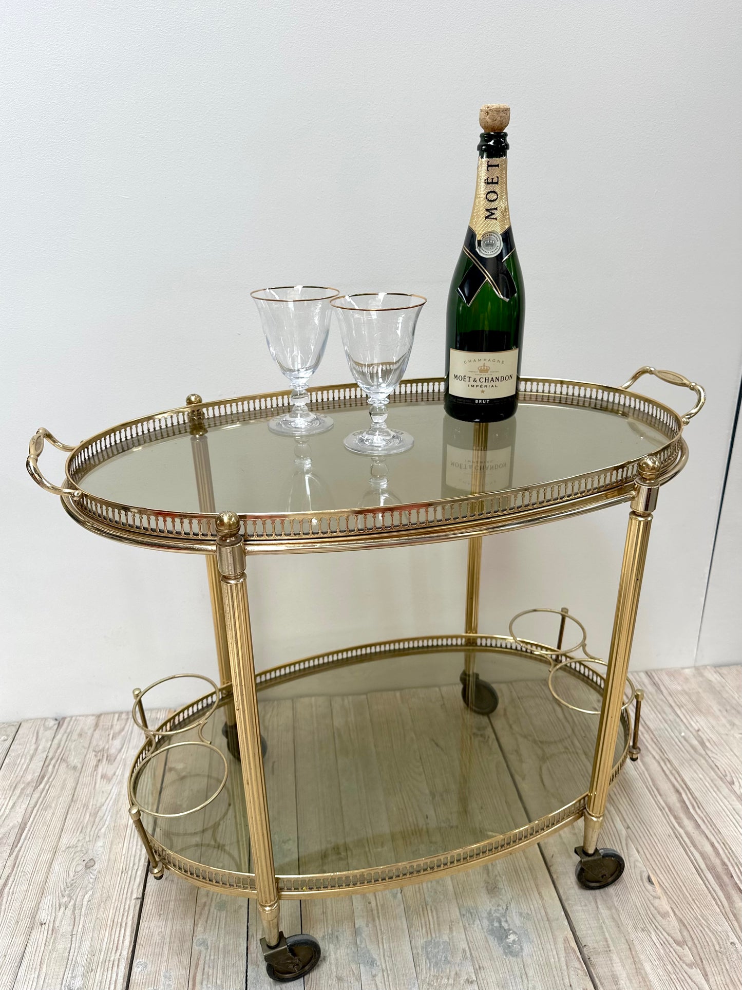 Antique French Oval 2 Tier Brass Bar Cart