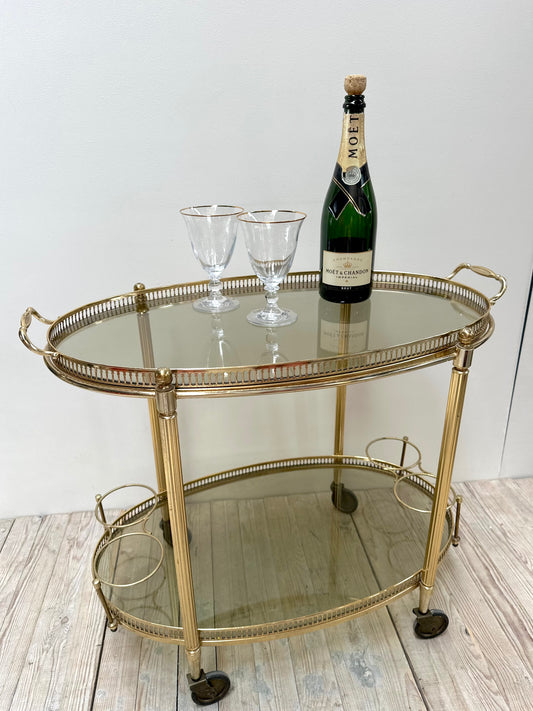 Antique French Oval 2 Tier Brass Bar Cart