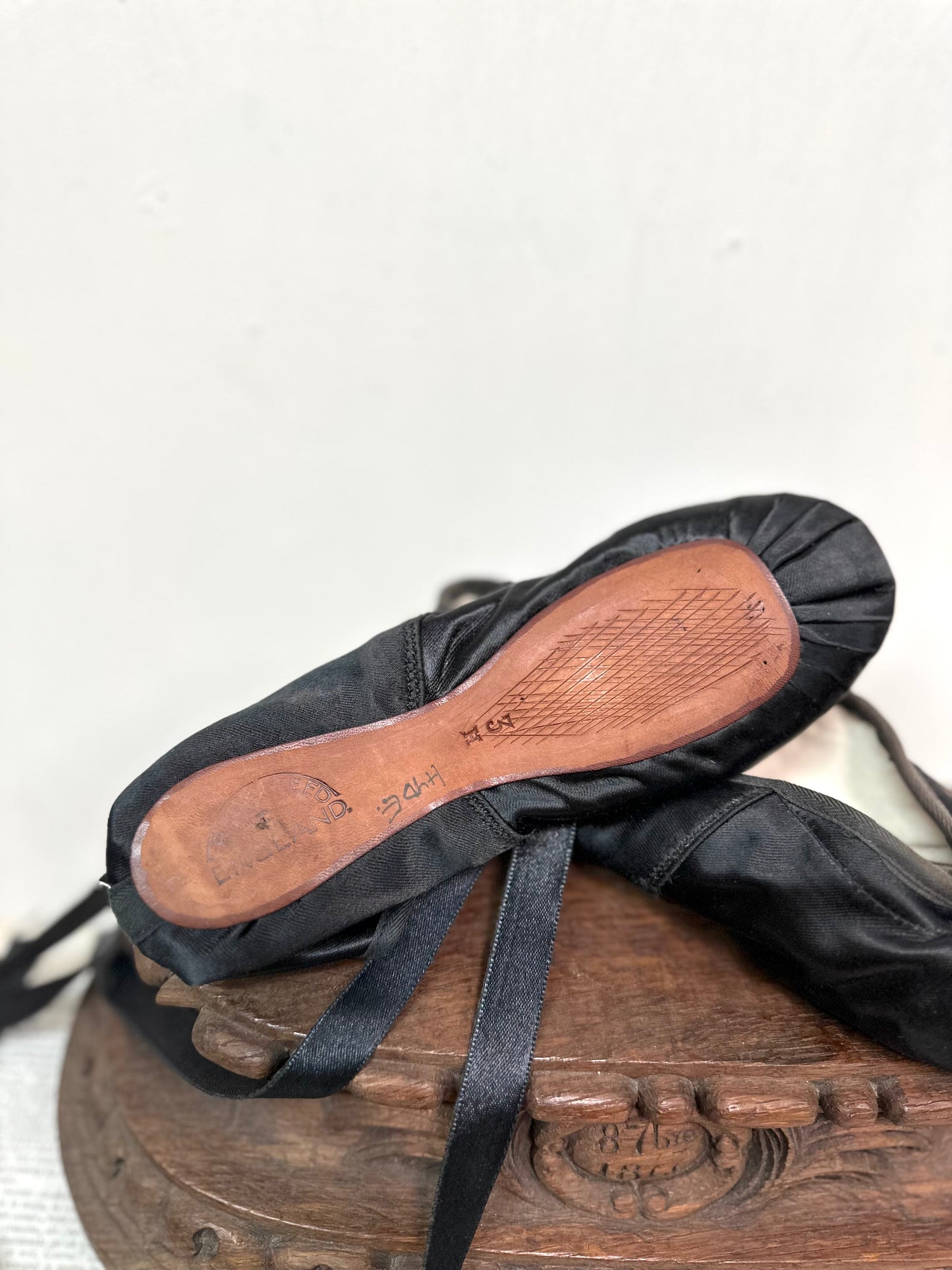 Antique English Black Satin Pointe Shoes