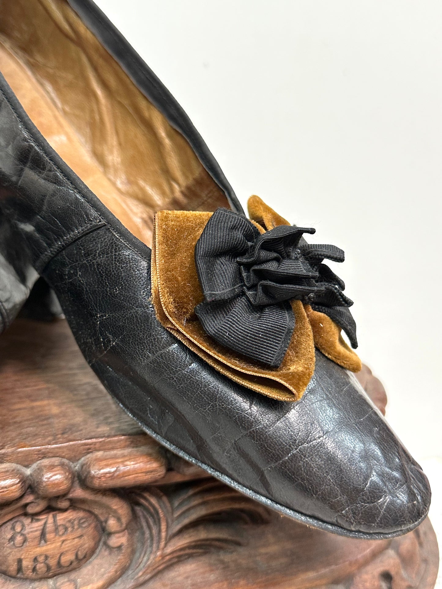 Antique French Black Leather Heels With Bow