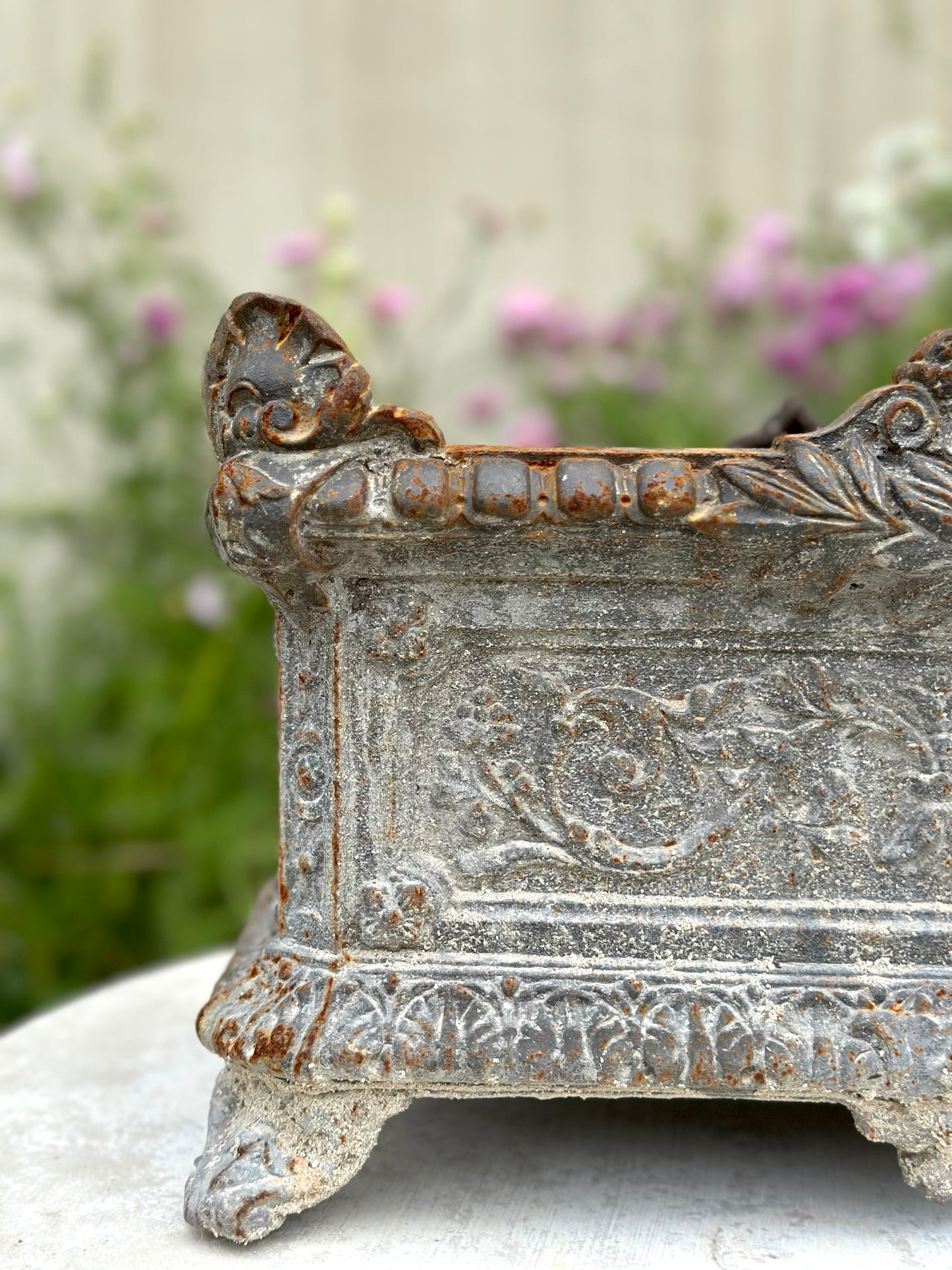 Antique French Grey Rectangle Cast Iron Jardinere