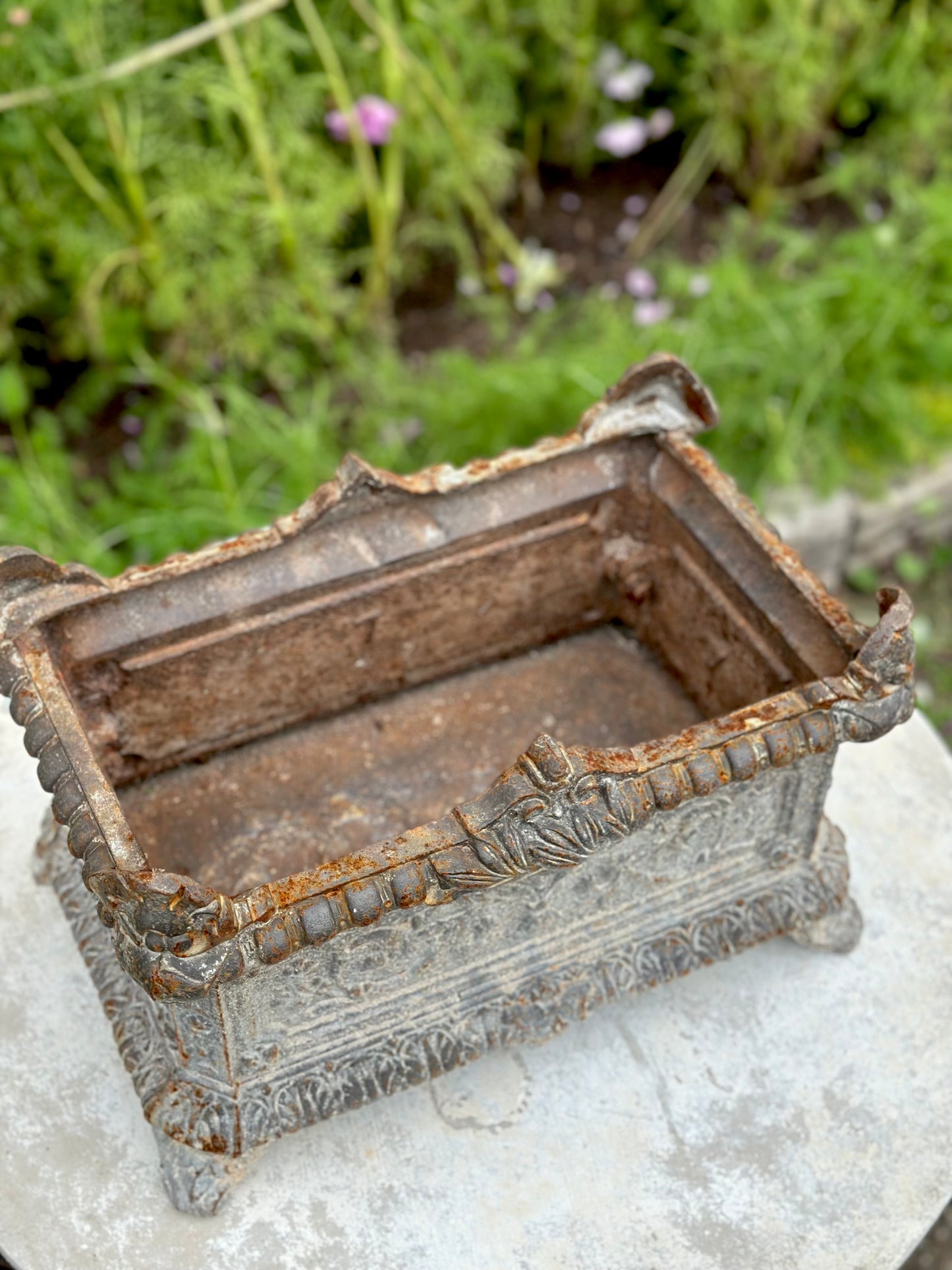 Antique French Grey Rectangle Cast Iron Jardinere
