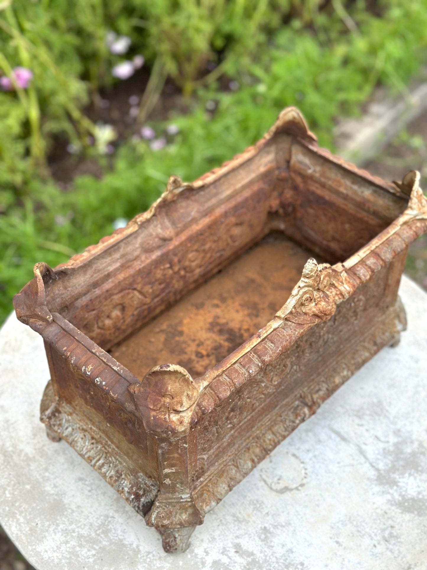 Antique French Rust Rectangle Cast Iron Jardinere