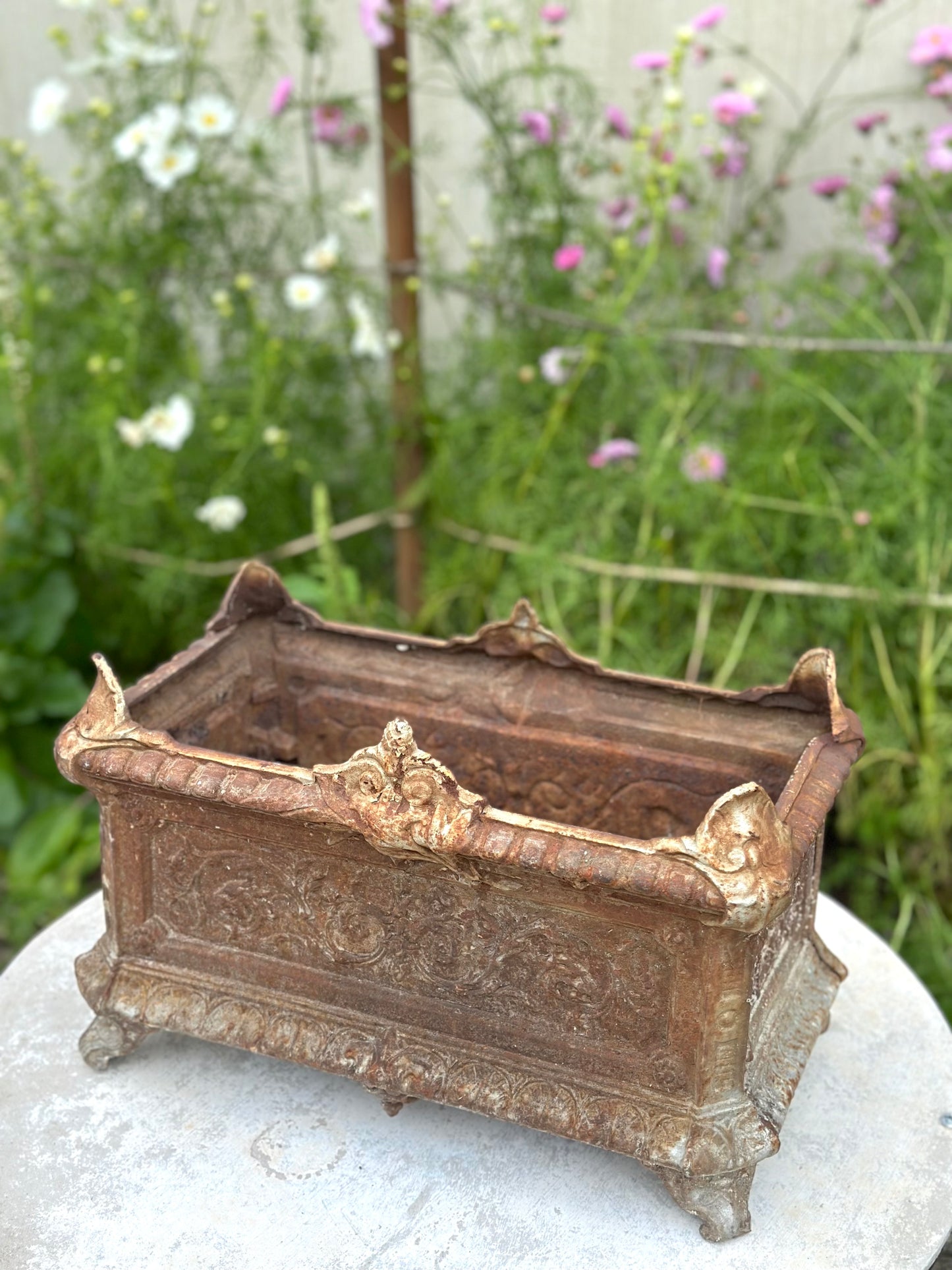 Antique French Rust Rectangle Cast Iron Jardinere