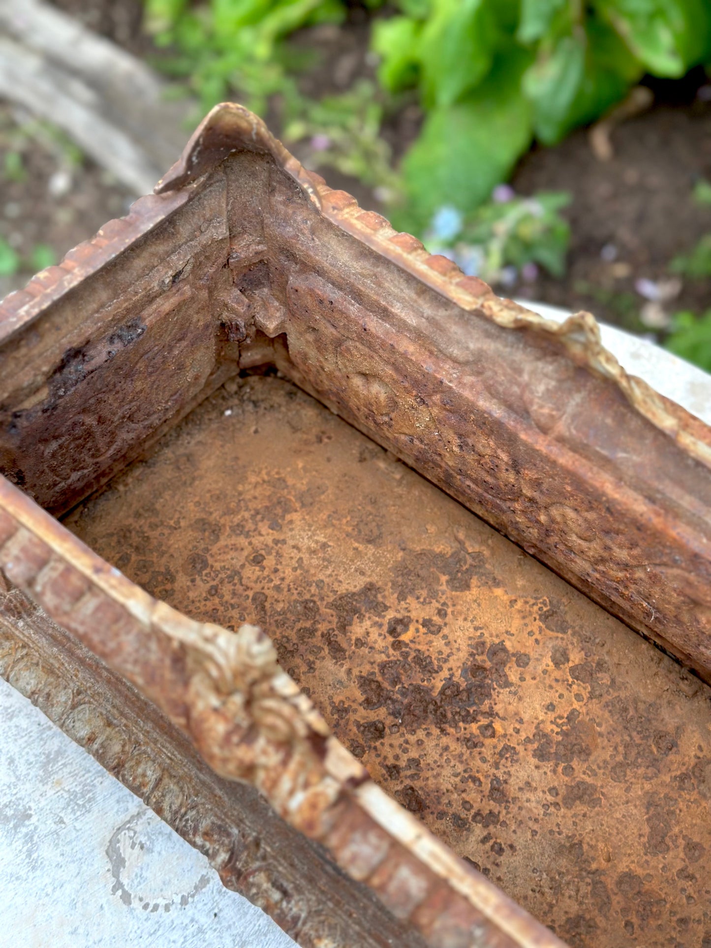 Antique French Rust Rectangle Cast Iron Jardinere