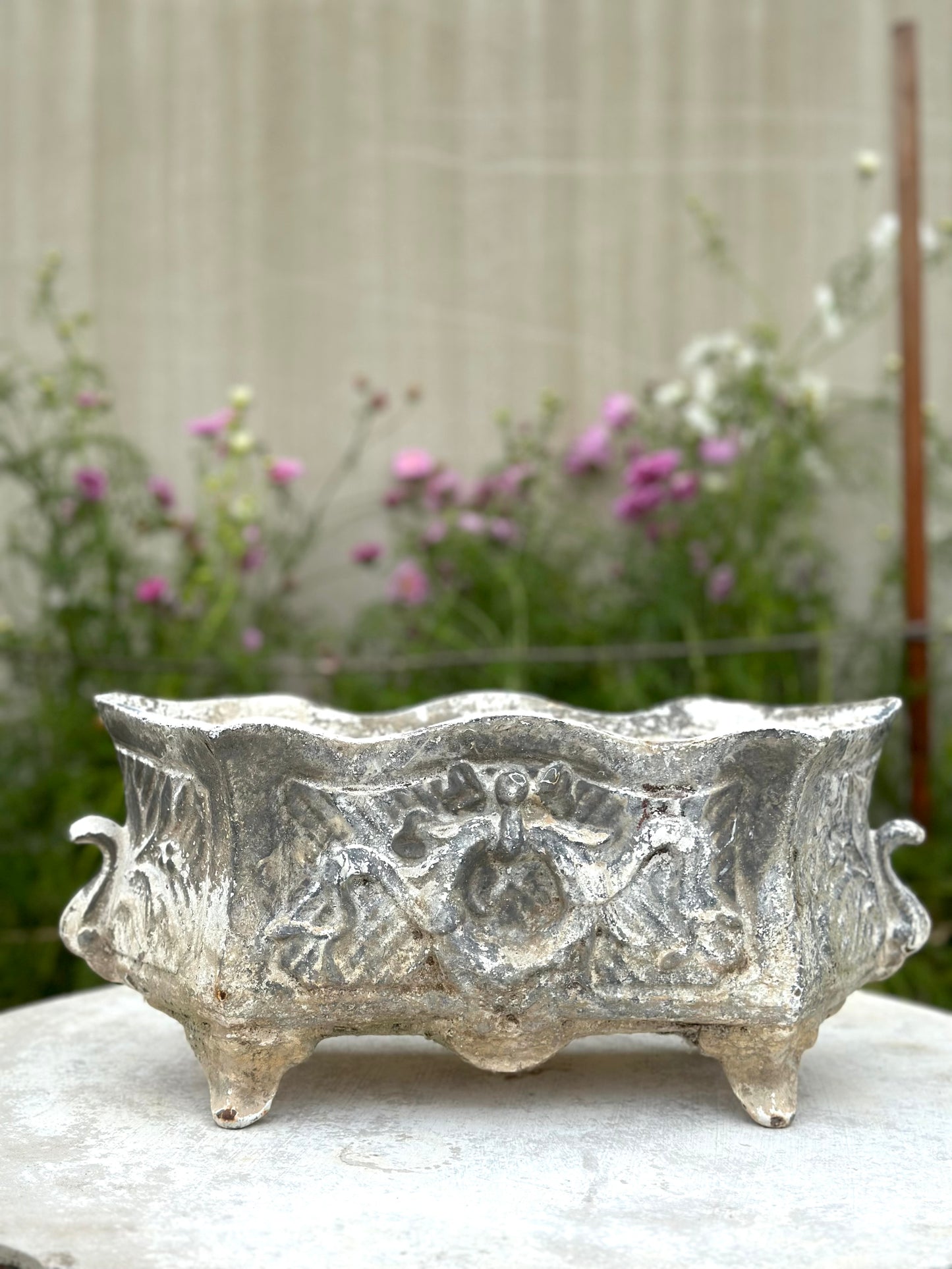 Antique French Wreath & Bow Cast Iron Jardinere