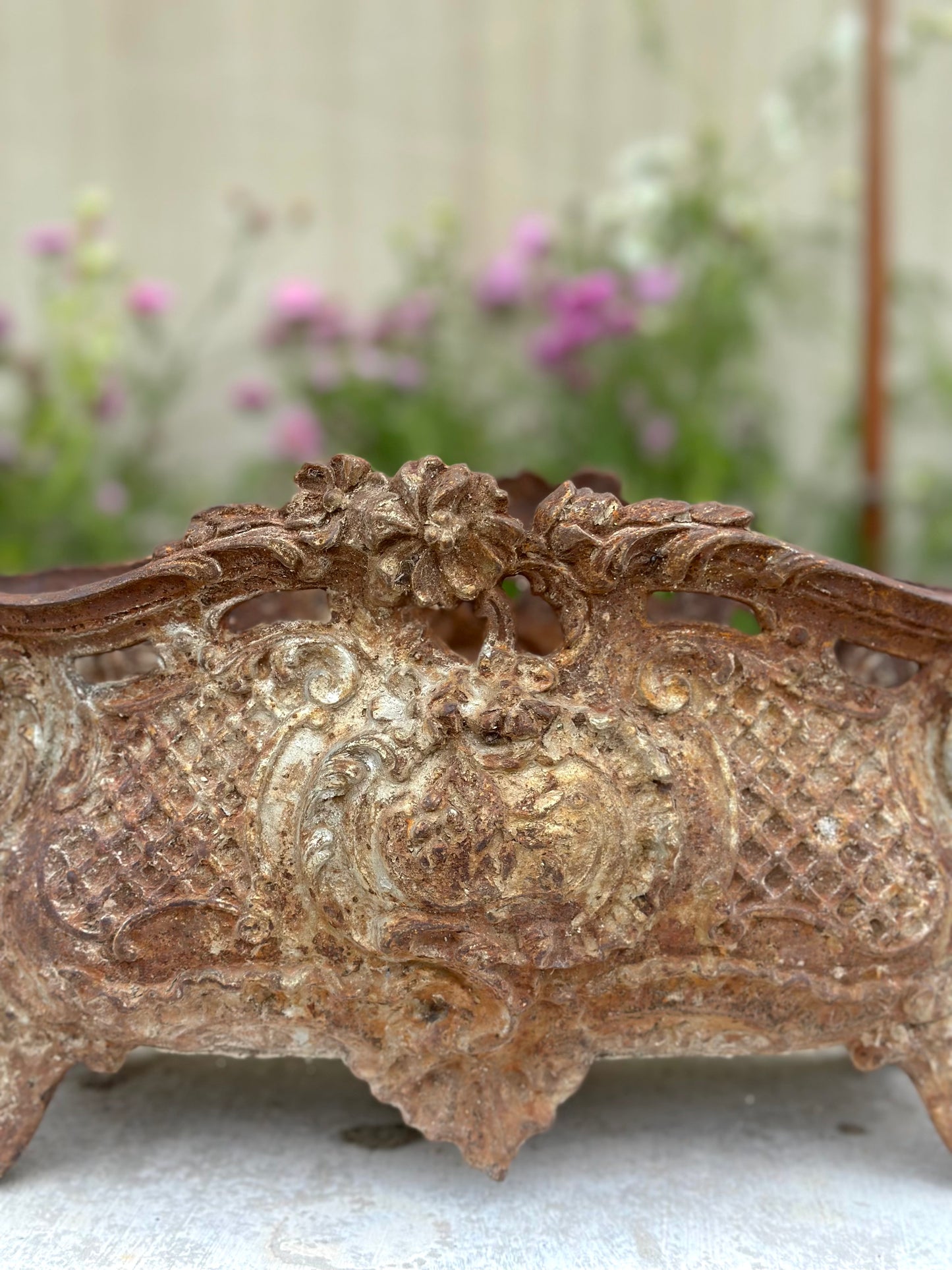 Antique French Large Rust Cast Iron Jardinere with Lace Detail