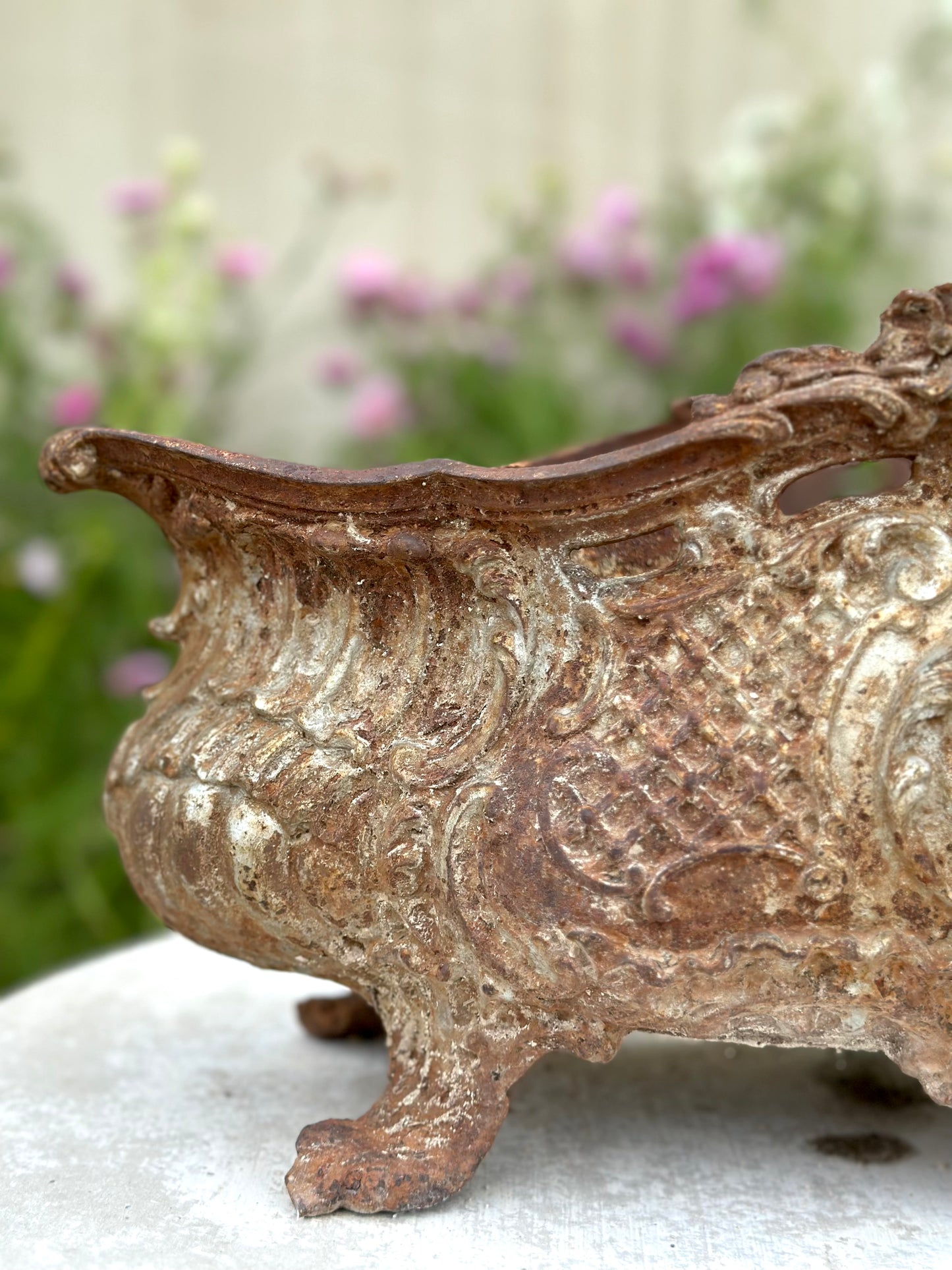 Antique French Large Rust Cast Iron Jardinere with Lace Detail