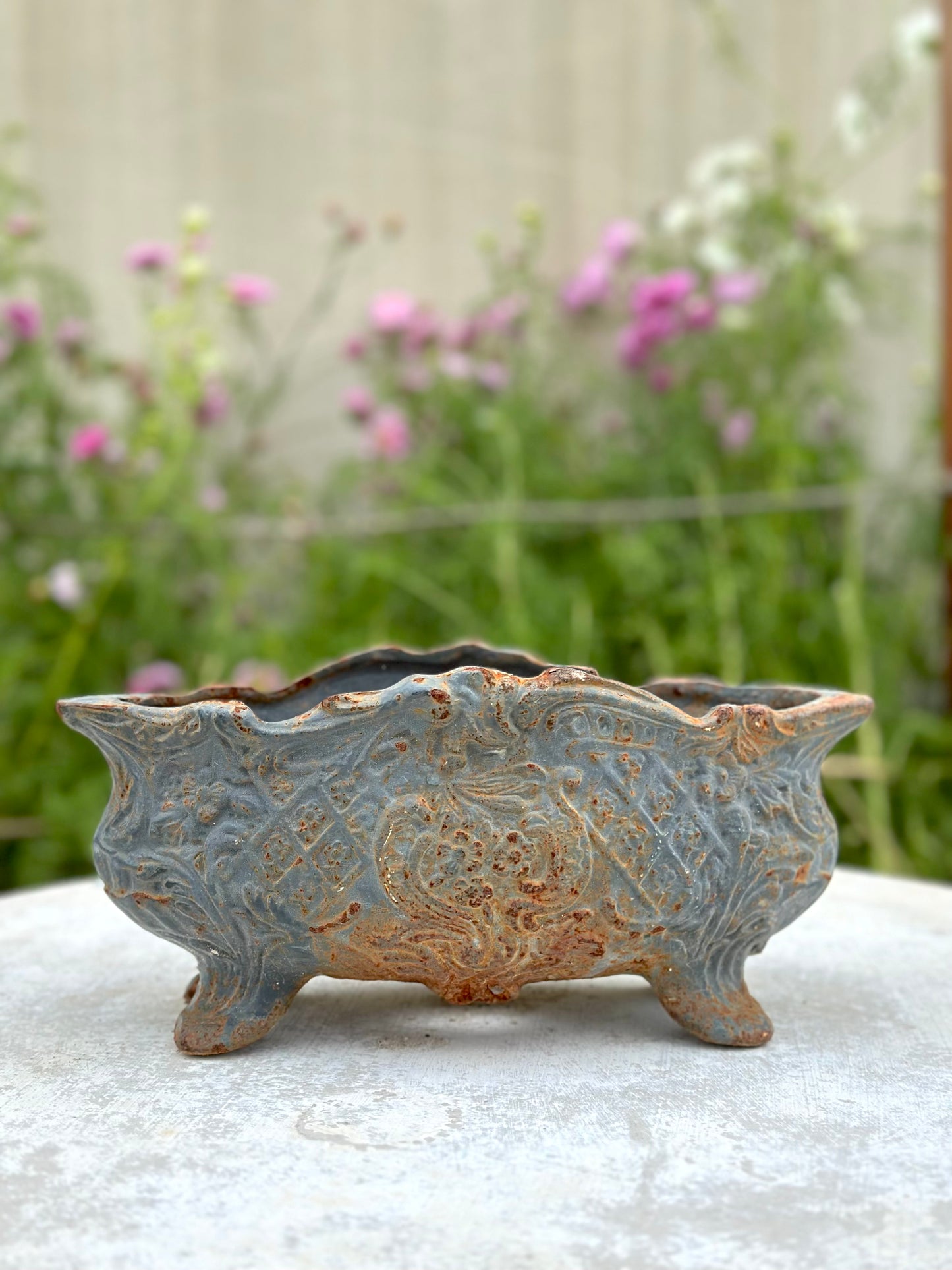 Antique French Petite Blue Cast Iron Jardinere