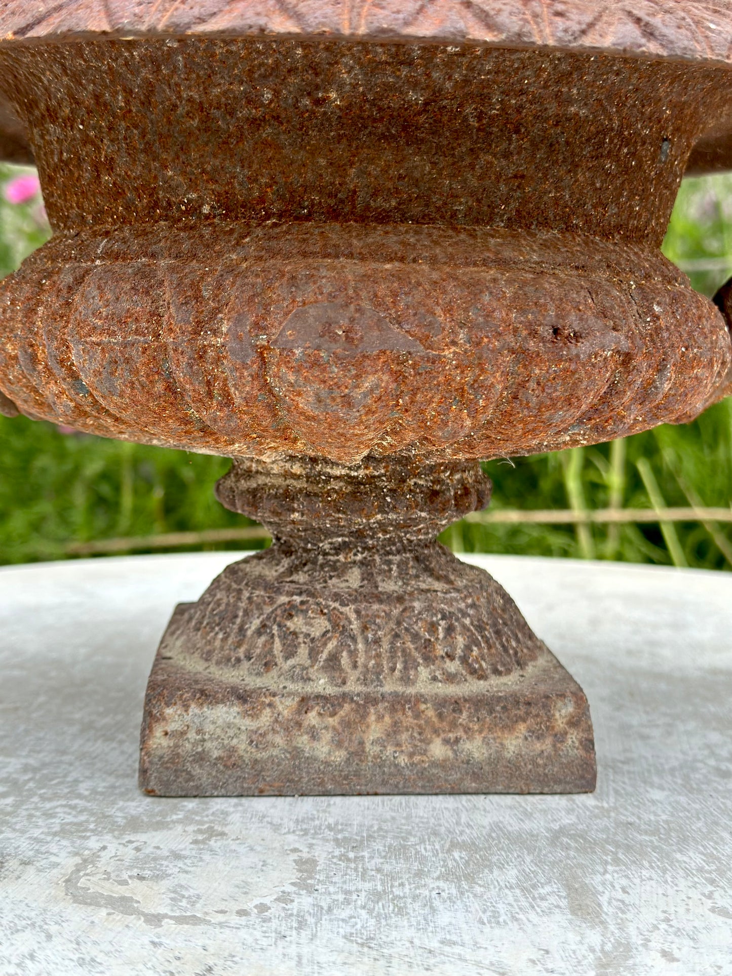 Antique French Petite Round Rust Cast Iron Jardinere with Handles