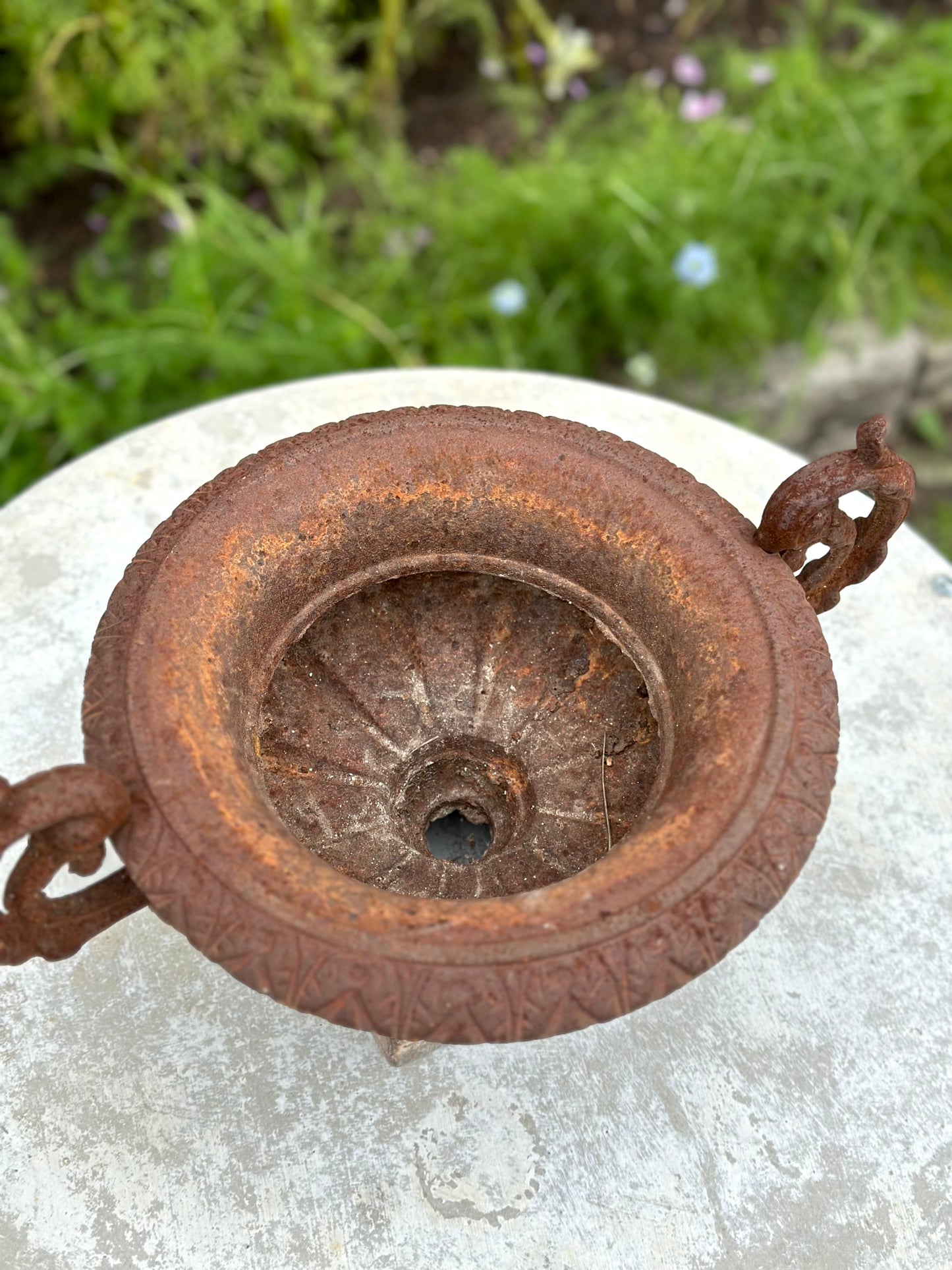 Antique French Petite Round Rust Cast Iron Jardinere with Handles