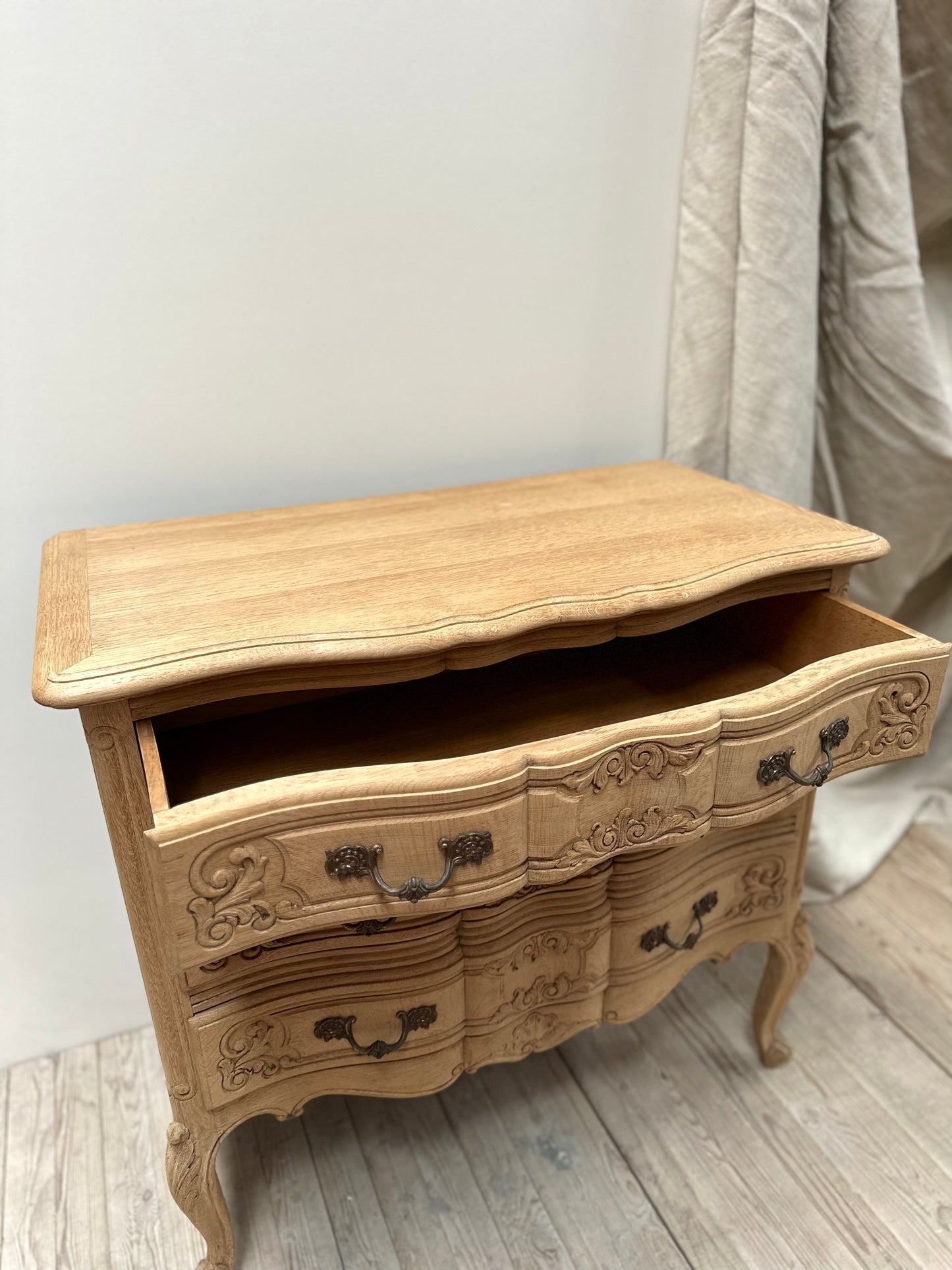 Antique French Louis XV 3 Drawer Serpentine Commode