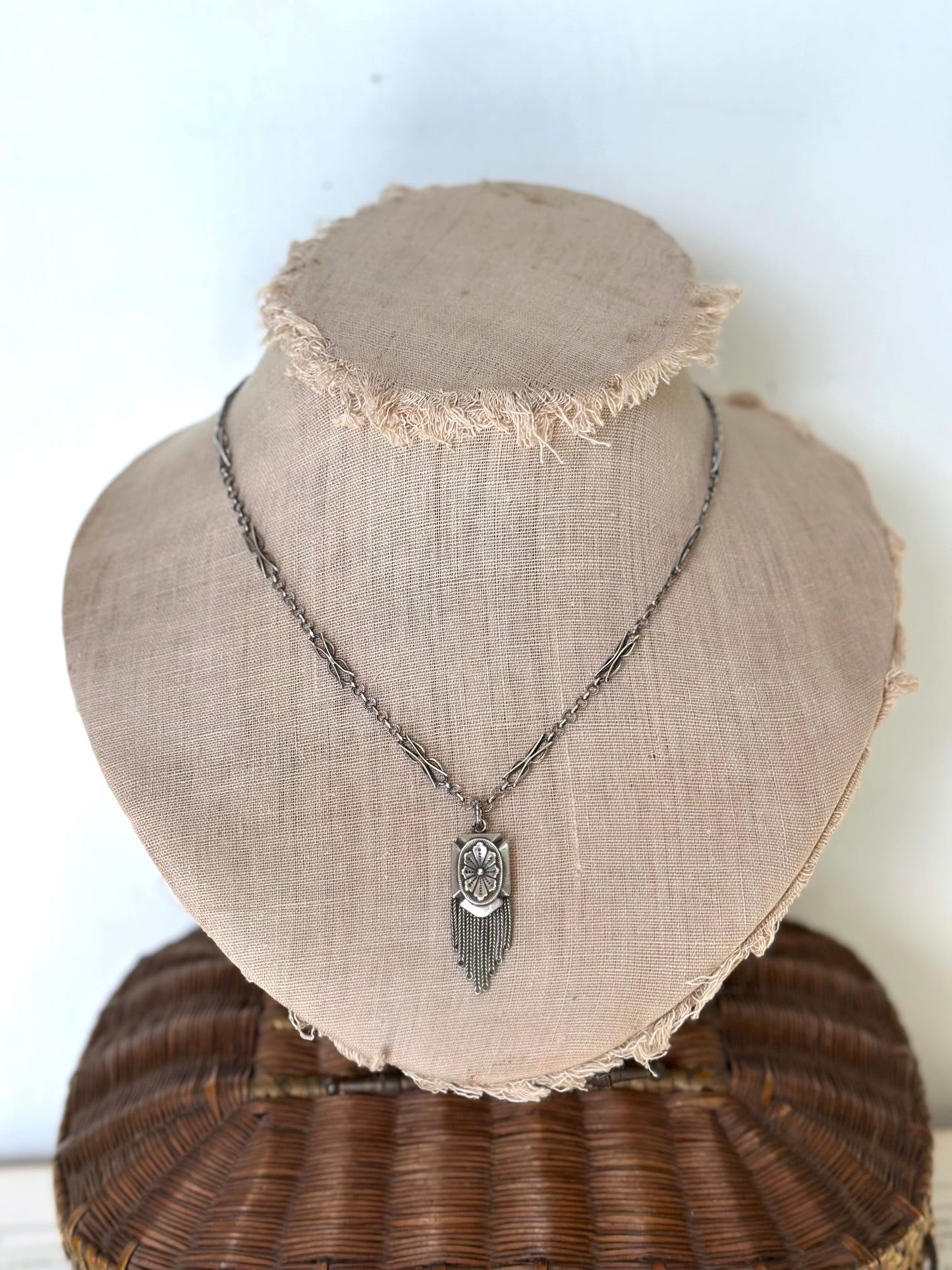 Antique French Silver Necklace With Ornate Chain, Fob And Tassle